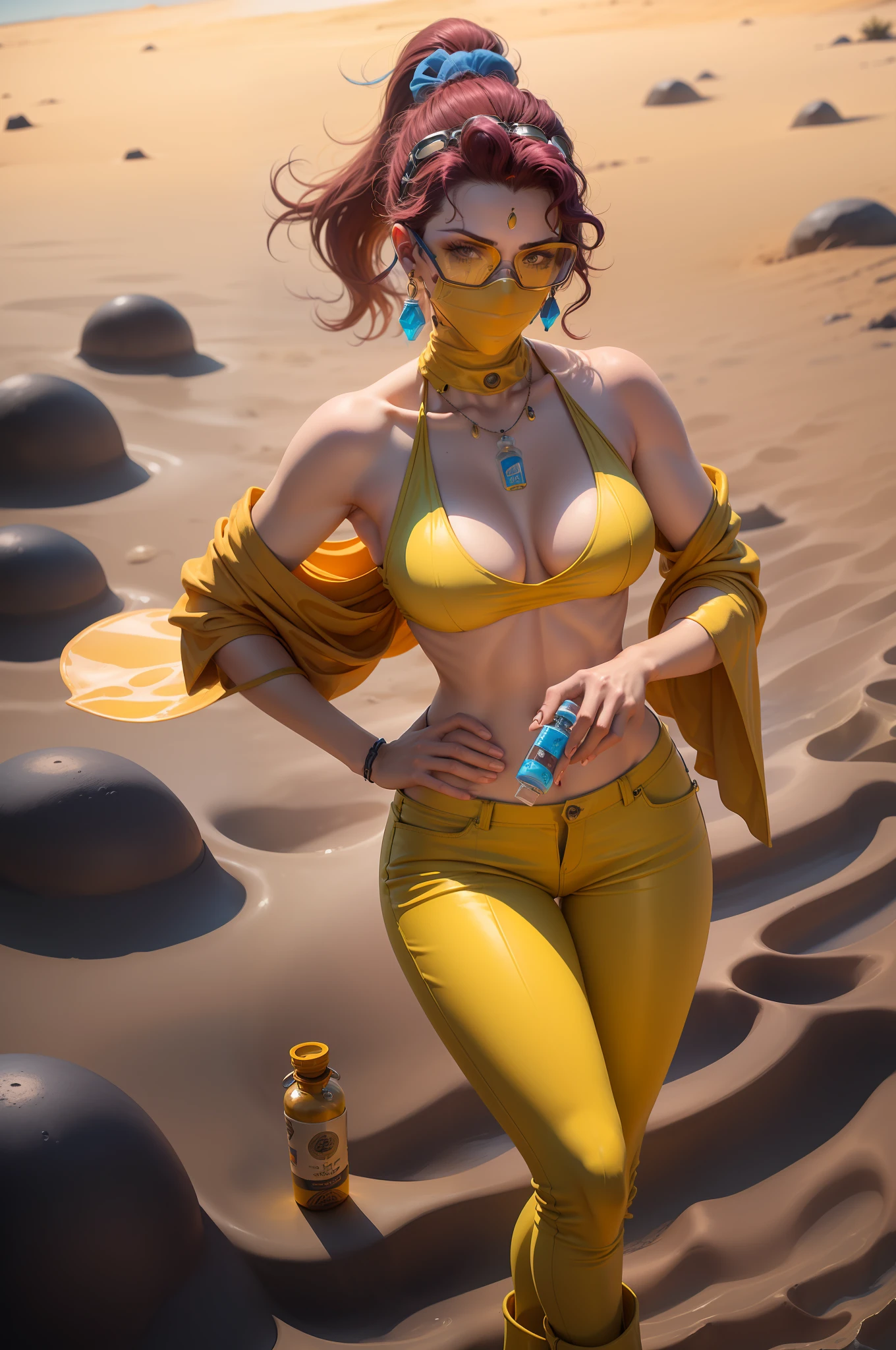 obra-prima, melhor qualidade, midler, brincos, luvas de borracha amarela, yellow jumpsuit, goggles, seios grandes, yellow pants, botas de borracha pretas, in standing, ((holding a vial with a blue substance)), areia, deserto, heaven, sol, de lado