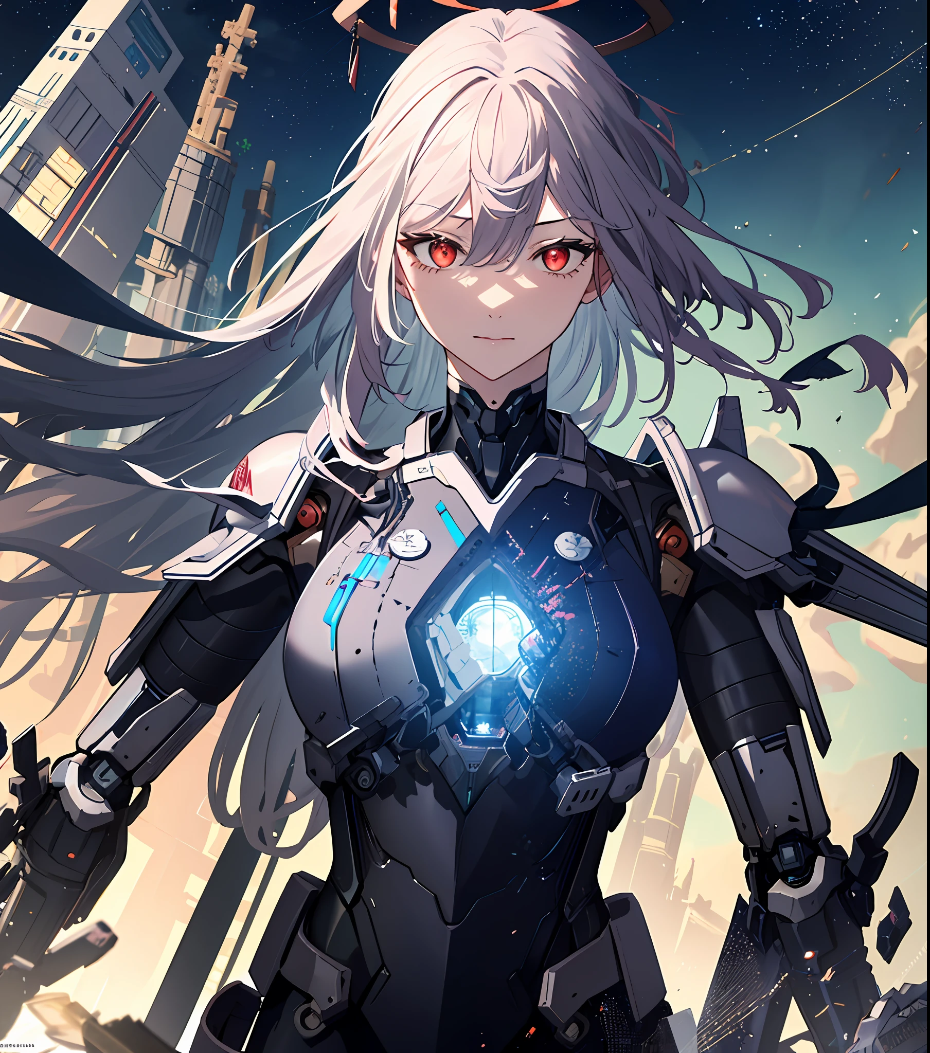 masterpiece,best quality,ultra-detailed,very detailed illustrations,extremely detailed,intricate details,highres,super complex details,extremely detailed 8k cg wallpaper,cowboy shot, caustics,reflection,ray tracing,demontheme,nebula,dark aura,cyber effect, (1girl:1.4),solo,alone,mecha musume,mechanical parts, robot joints,single mechanical arm, headgear, mechanical halo,star halo,intricate mechanical bodysuit, mecha corset, full armor, very long hair,white hair, hair between eyes, multicolored hair, colored inner hair, red eyes,glowing eye,eye trail, random expressions,random action, ancient japanese architecture,pond, starry sky,skyline,