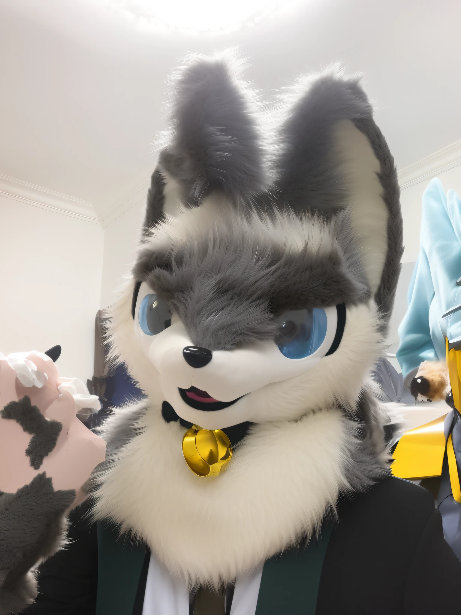 Alafi was wearing a suit,A tie with yellow bells, fursuit, headshot of young female furry, furry character, fursuit!!!!, the furry fursuit is running, 4 k hd fur face!!!, furry fursona, furry wolf, anthro wolf face, holo is a wolf girl, anthropomorphic wolf, silver eyes full body, macro furry