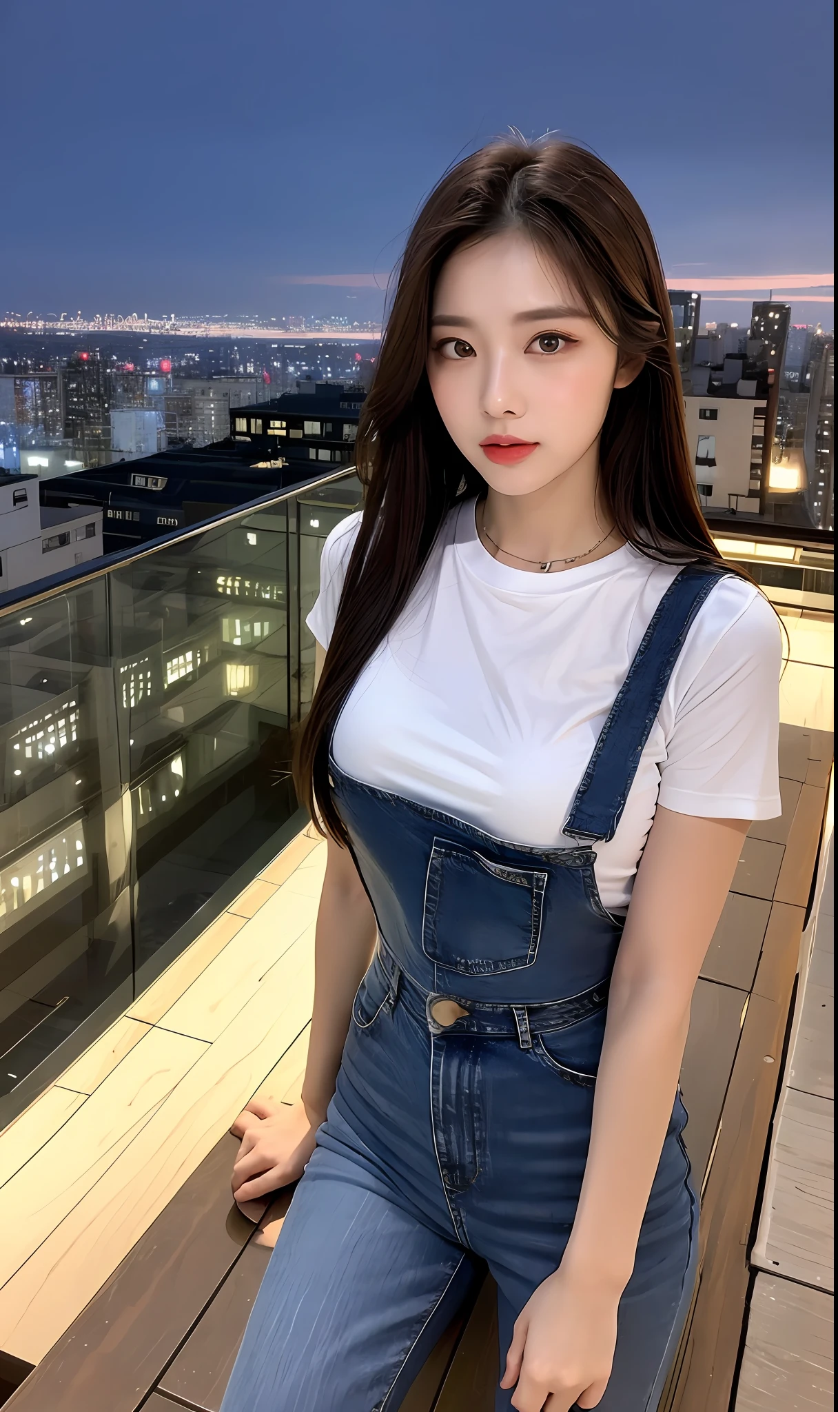 ((Midnight, Best quality, 8k, Masterpiece :1.3)), Whole body, Long legs, Sharp focus :1.2, A pretty woman with perfect figure :1.4, Slender abs :1.1, ((Dark brown hair, Big breasts :1.2)), (White tight tshirt, Jean bib, Standing:1.2), ((Night city view, Rooftop:1.3)), Highly detailed face and skin texture, Detailed eyes, Double eyelid