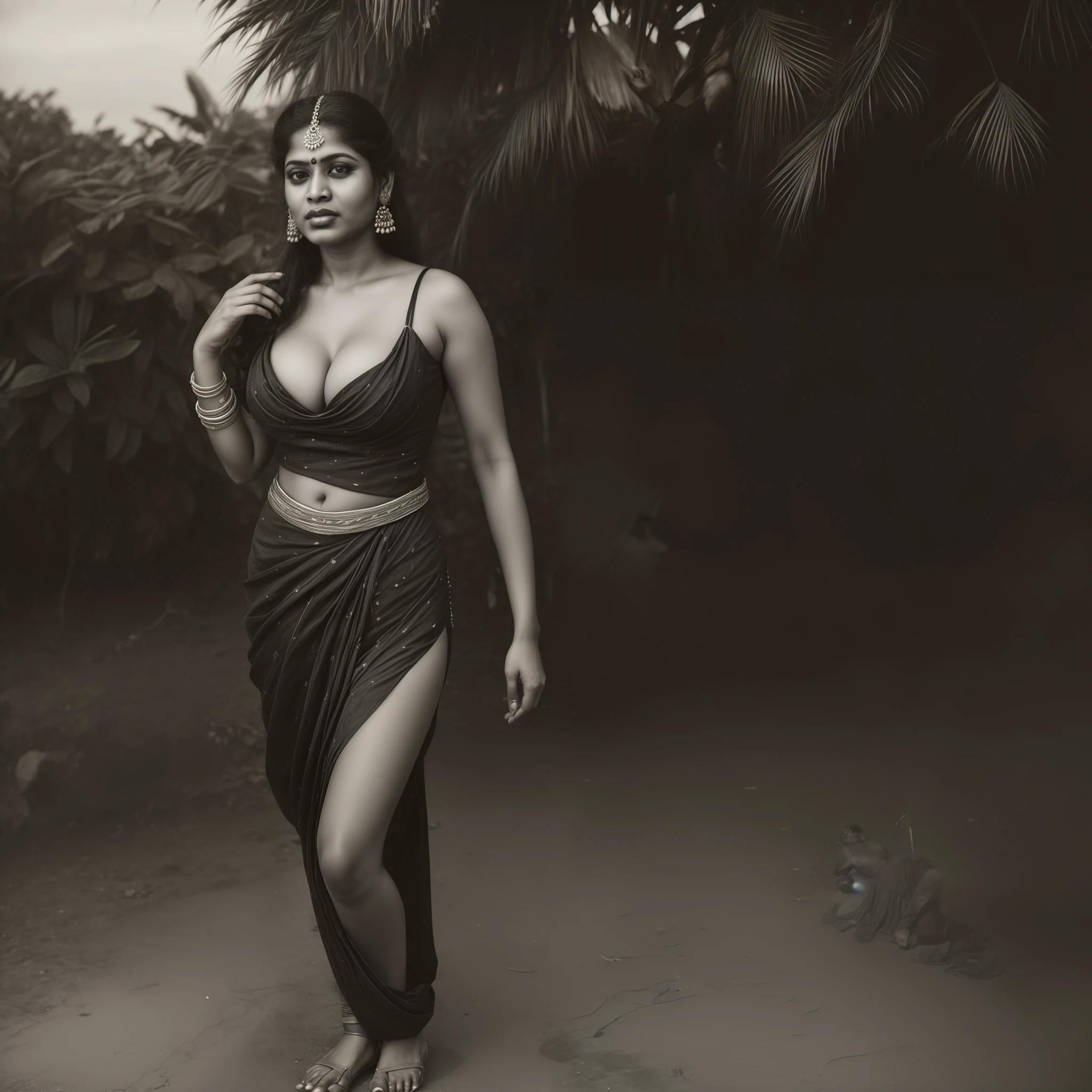 Early 1900s photograph of an Indian Kerala woman, traditional dress, black and white photography, photograph by Lehnert and Landrock, highly detailed, clothed, deep cleavage, busty, visible navel, hourglass figure, ((1girl)), full length photo, outdoors