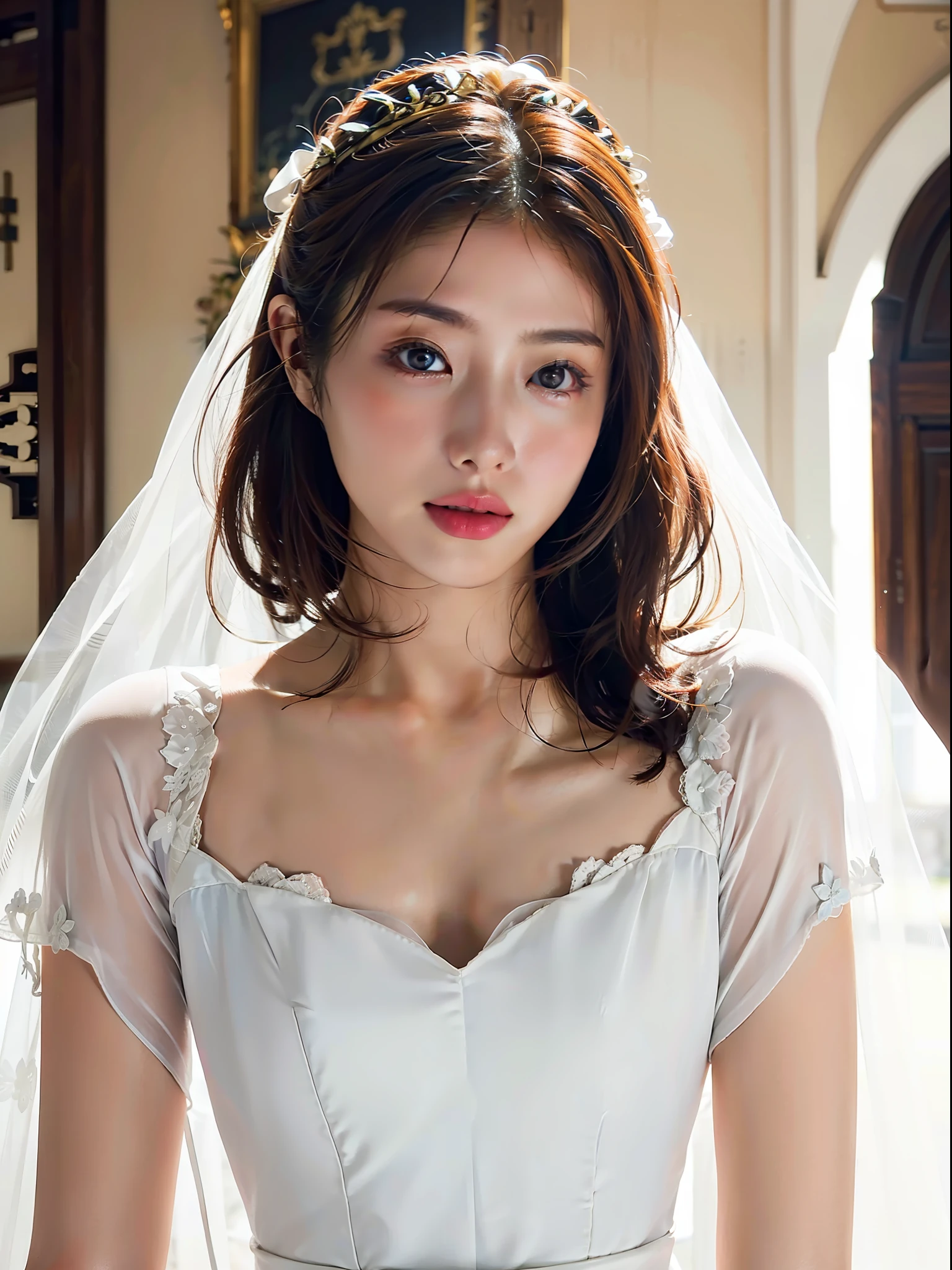 There is a girl in a wedding dress, plum blossoms, palaces, castle architecture ray tracing, {best quality}, { {masterpiece}}, extremely detailed 8K wallpaper, {an extremely delicate and beautiful}, colorful, intricate details, realism, realism, camera quality, (meticulously portrayed clothes), cold white leather, (meticulously portrayed blush), 1080p, sun, soft cute, smooth light silver hair, messy beauty, lighting, brokenness, shiny and silky skin, 3D stereoscopic, masterpiece, best quality, super fine illustrations, Beautiful eyes, very delicate light, fine glow, very fine 8K CG wallpaper, peach blossom eyes, red pupils, an extremely delicate beautiful girl, 8k wallpaper, best quality, full body close-up, white wedding dress, luxury silky bright red chiffon flood (illusion, glitter, ultra-thin, soft,) wedding dress