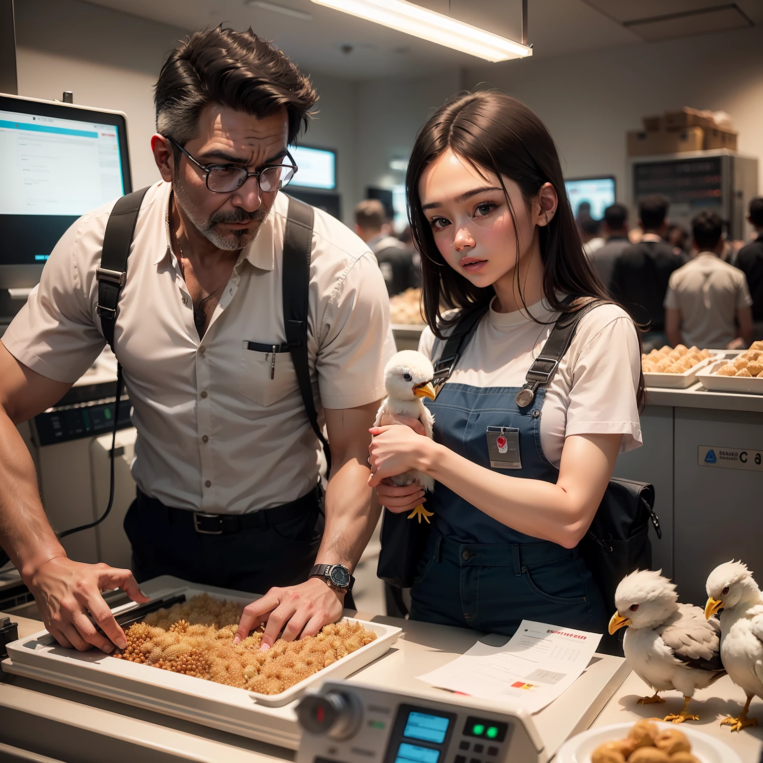 "Pai e filho no centro da imagem, with a 'chick counter' industrial automation machine that counts the number of chicks, females and males;, enquanto o pai explica seu funcionamento ." --auto