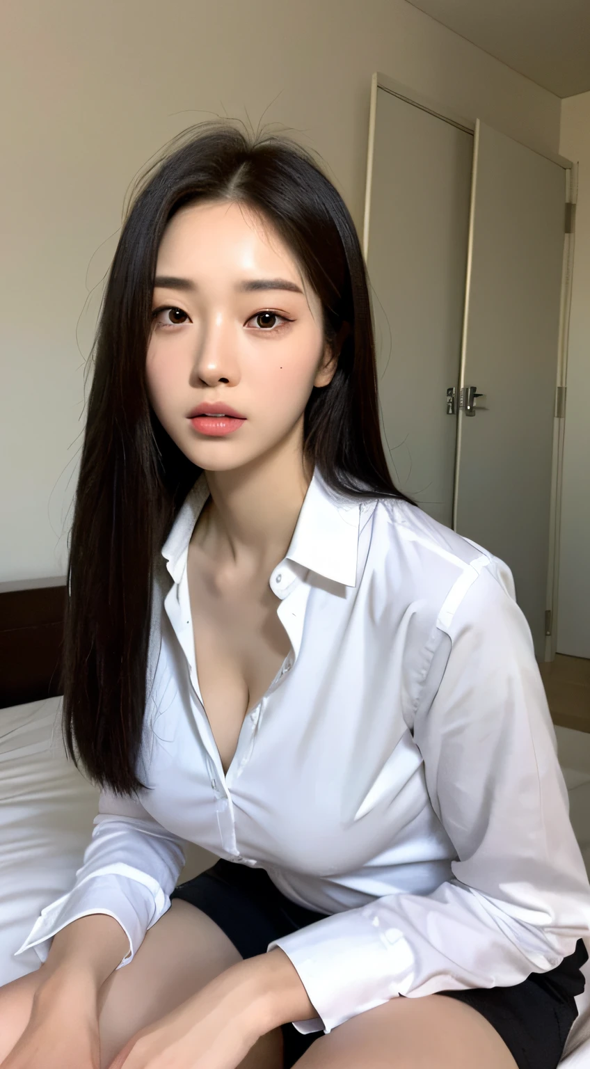 ((Top quality, 8k, Masterpiece: 1.3)), beauty, hidden face, 1 girl, beauty: 1.3, slender abs: 1.1, large men's shirt (loose: 1.4) exposed, full chest, long black hair, (kneeling on bed), ultra-detailed face, highly detailed lips, detailed eyes, double eyelids, strict head and body ratio: 1.5,