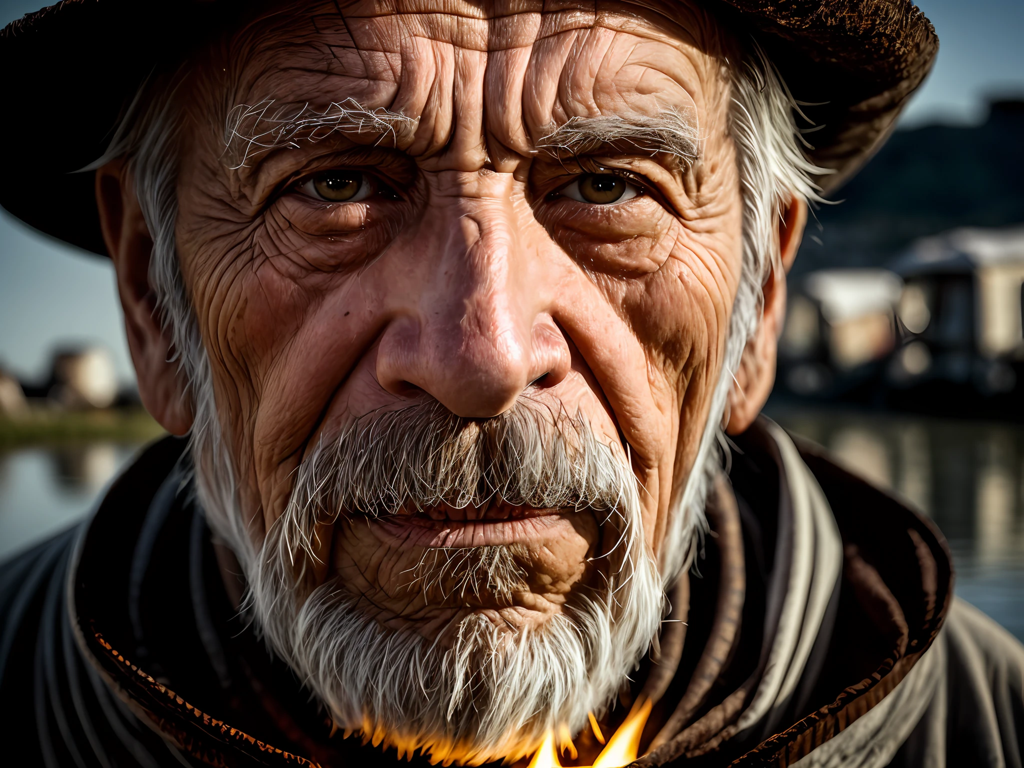 A close-up of a Alaskian old man's face, illuminated by the light of a fire, with a backdrop of a dirty river and a shanty town.