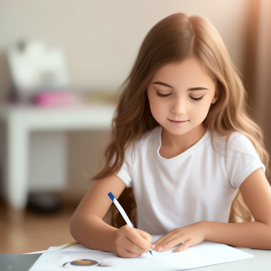 arafed girl sitting at a table writing on a piece of paper, writing a letter, drawing for children, drawing for children, drawing for children, 2. smoking, writings, author:Christofov Zhefarovich, full page writings, editorial photo, young and cute girl, beautiful image, full subject shown in photo, trying to study