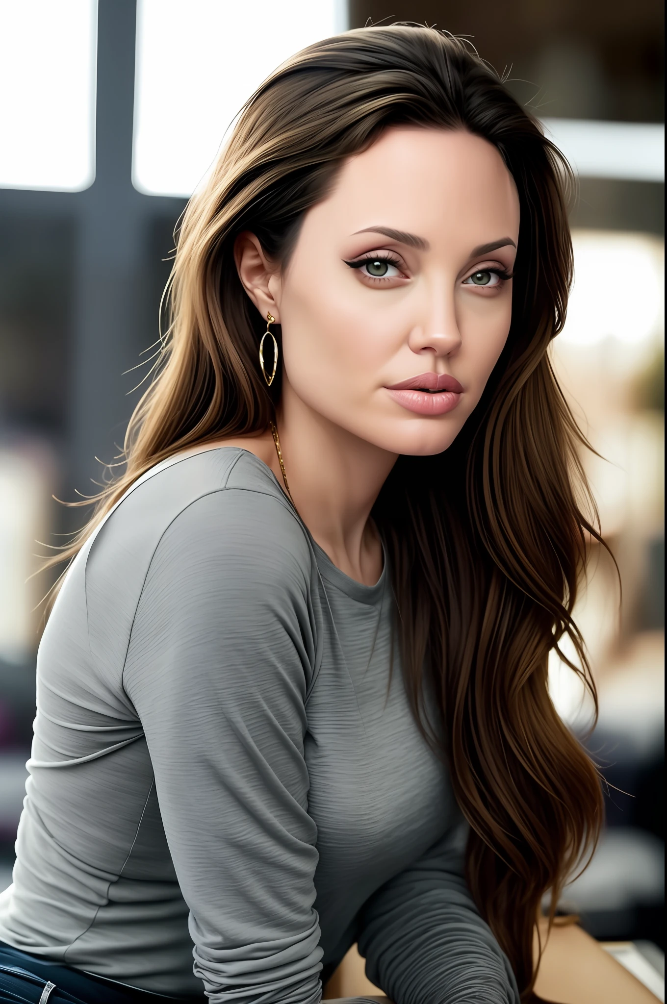 a close up of a woman with long hair sitting on a table, very beautiful angeline jolie, angeline jolie, angelina jolie portrait, most beautiful woman on earth, angelina jolie, portrait of angelina jolie, portrait of the angelina jolie, gorgeous woman, gorgeous beautiful woman, very beautiful woman, animatronic angelina jolie, gorgeous and beautiful, the most beautiful woman