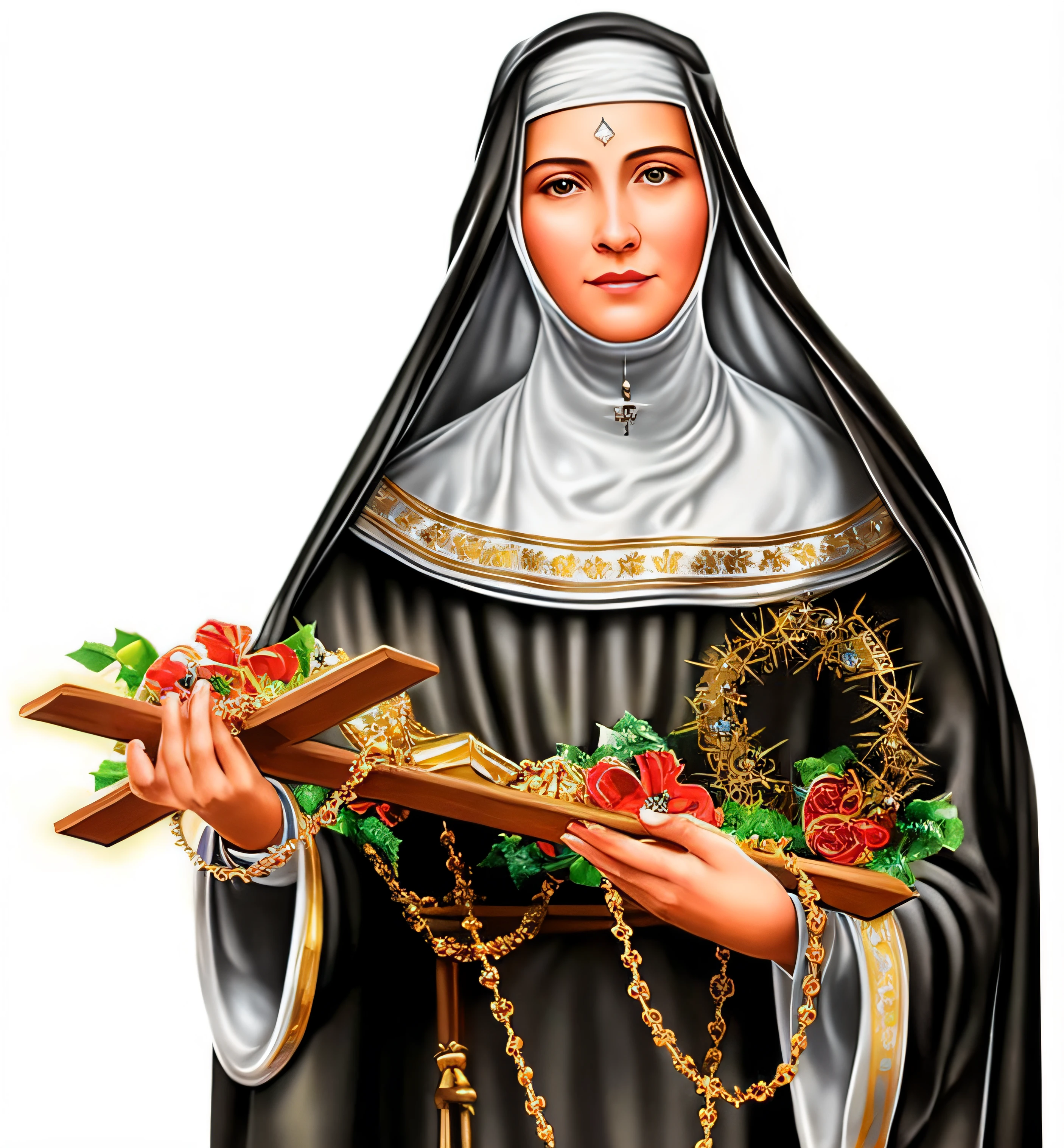 uma pintura de uma freira segurando uma cruz e uma cruz, majestosa mulher de santo, padroeiro do 🛸🌈👩🏾, santa mulher, Retrato de Hildegard von Bingen, agora, Bem Modelo de Moda, mother sarah artist, inspirado no Mestre da Lenda de Santa Luzia, santas mulheres, christian saint, Bem Enxoval, Santo ortodoxo, artista desconhecido, santo