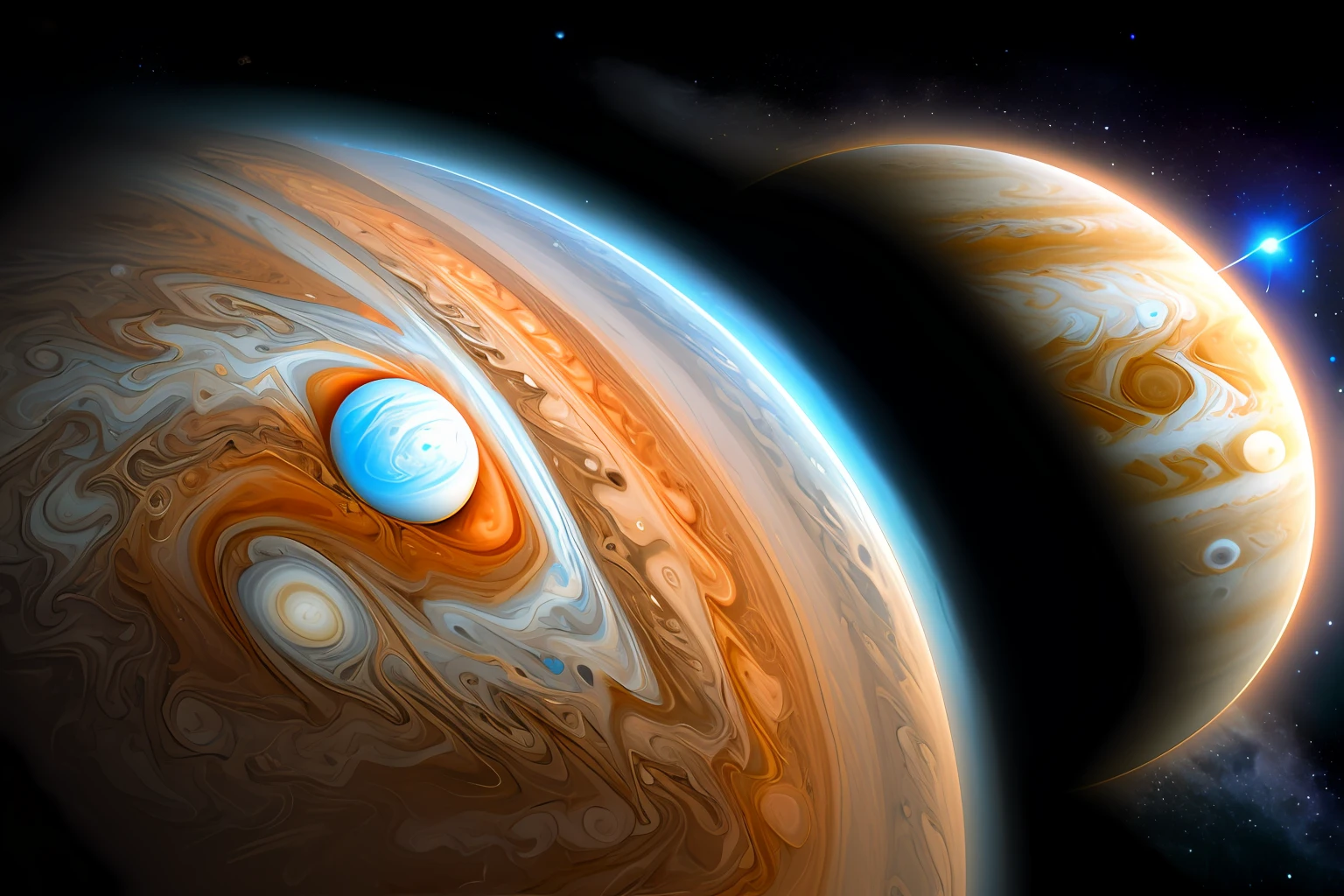 Jupiter is a gas giant with a turbulent atmosphere and a predominantly reddish appearance.