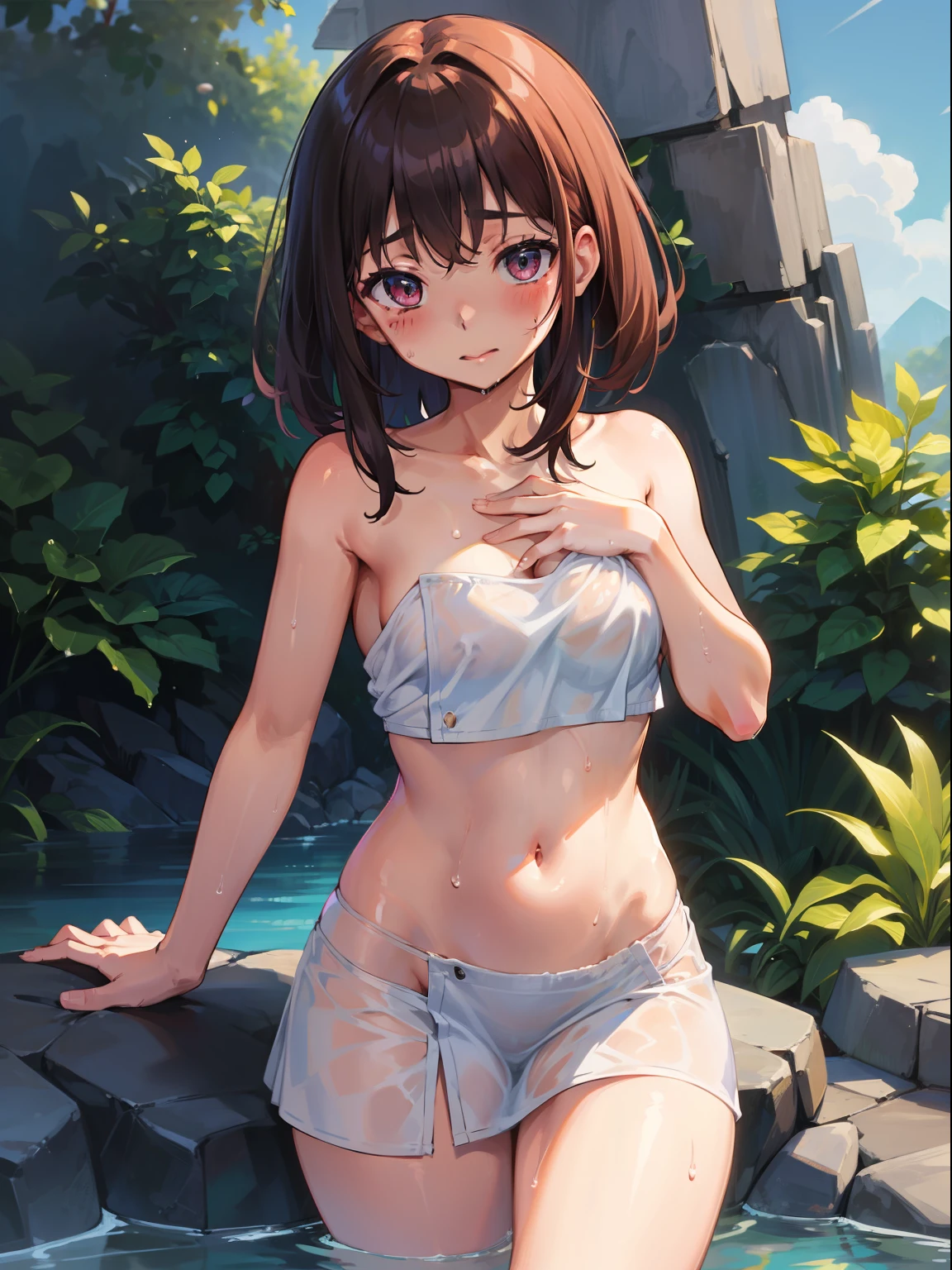 Naked tiny towel、Wet and see-through、a Pretty、blushed、chest cleavage、thighhights、No bra、without panties、high picture quality、vivid、High detail、Navel