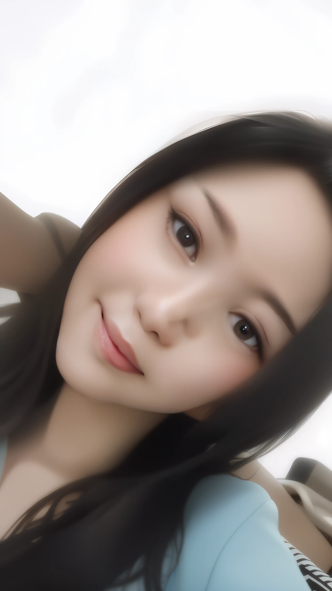 there is a woman that is smiling and posing for a picture, cindy avelino, slight cute smile, girl cute-fine-face, young cute wan asian face, with cute - fine - face, young cute face, with cute doting eyes, selfie shot straight on angle, beuatiful face, she has a cute face, clear cute face, with kind face