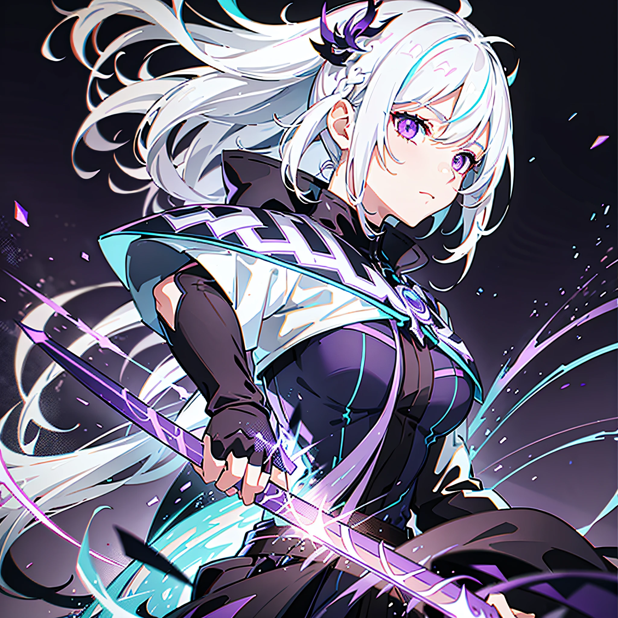 colorful, 1girl, white hair, purple eyes, dual wielding, sword, holding sword, blue flames, glow, glowing weapon, light particles, wallpaper, chromatic aberration,