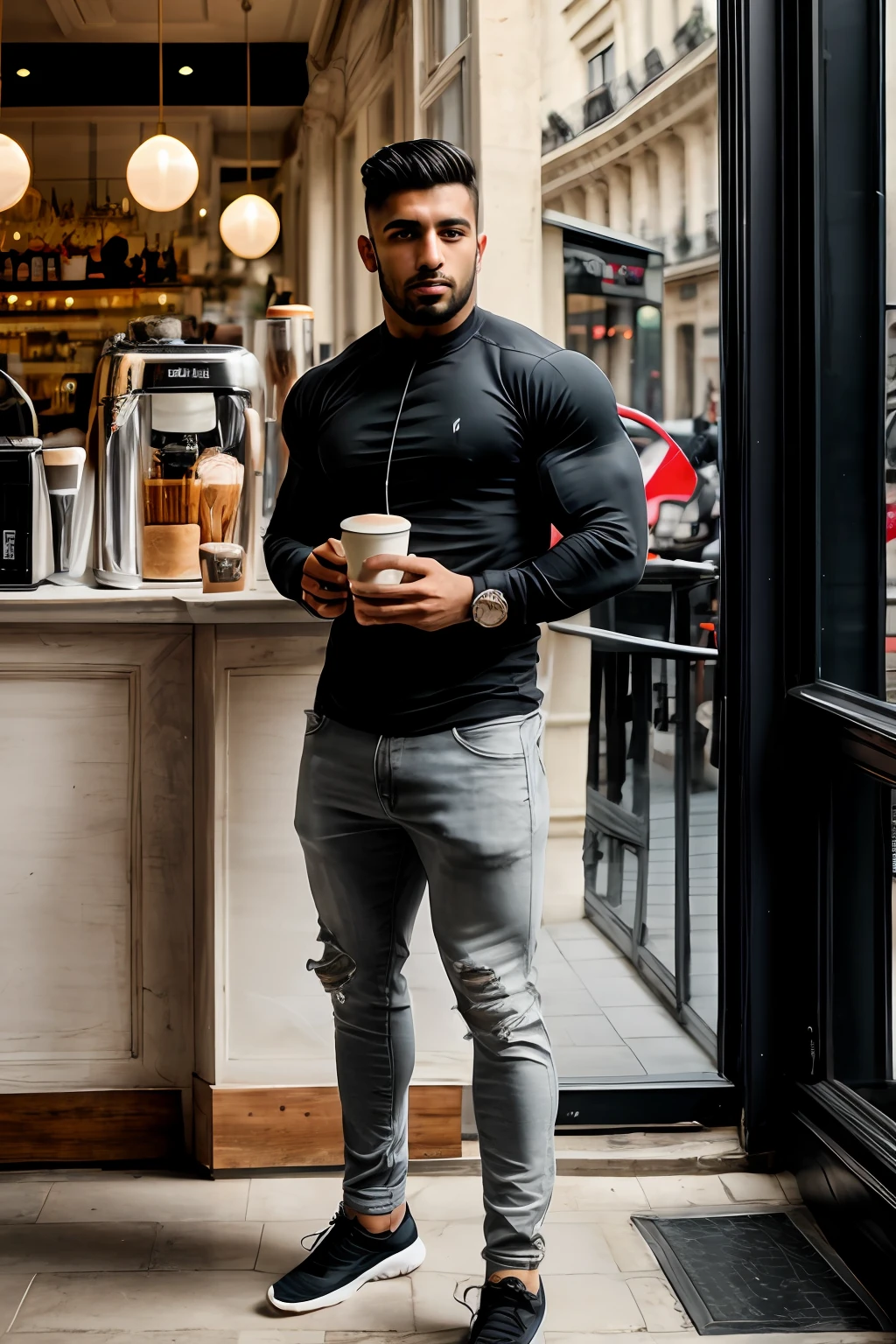 RAW photo, a full body photo of an arabic Bodybuilder with massive physique in casual clothes, natural skin, standing in a café in Paris drinking coffee, 8k uhd, high quality, film grain, Fujifilm XT3