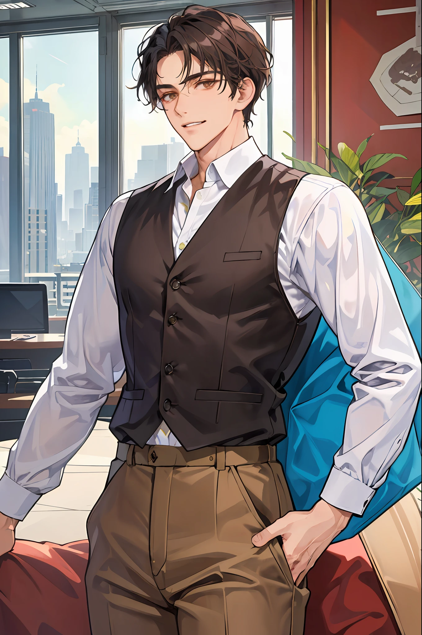 official art, masterpiece, (handsome man:1.3), (taiwanese man:1.3), youthful face, clean-shaven face, Delicate and beautiful hair and eyes and face, handsome man, masculine man, large office, large window office, lean, muscular, tanned complexion, broad shoulders, smirking, scenery, slicked back tousled hair, ceo office, dynamic hair, tousled slicked back hair, detailed jet black hair, glow brown eyes, (white shirt+brown vest+brown suit+brown trousers), tan skin, 1man