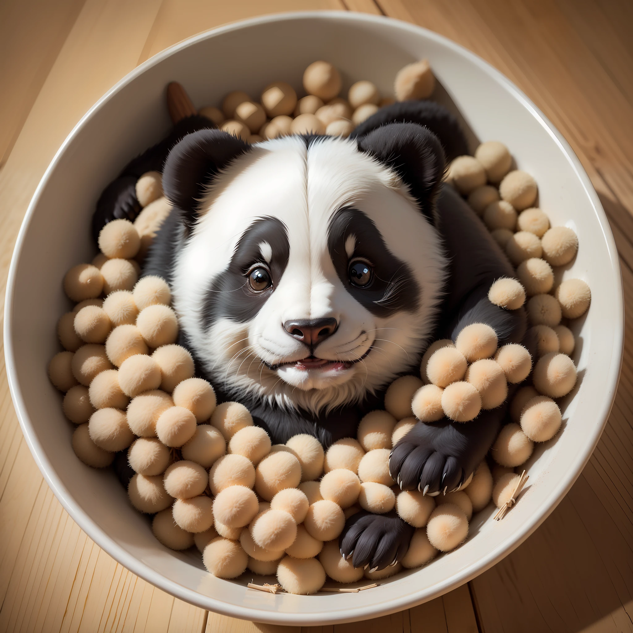 Create an image of a playful and adorable panda made from intricately arranged wooden sticks, showcasing its characteristic black and white markings, rounded