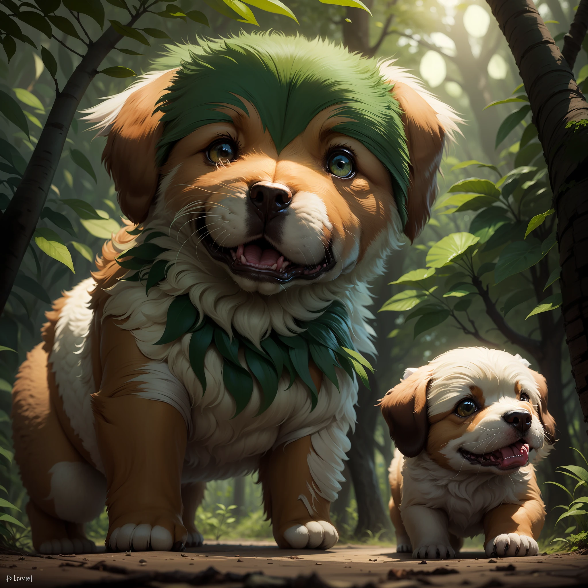"Uma aventura cheia de vida na floresta com bichinhos e um cachorrinho verde."