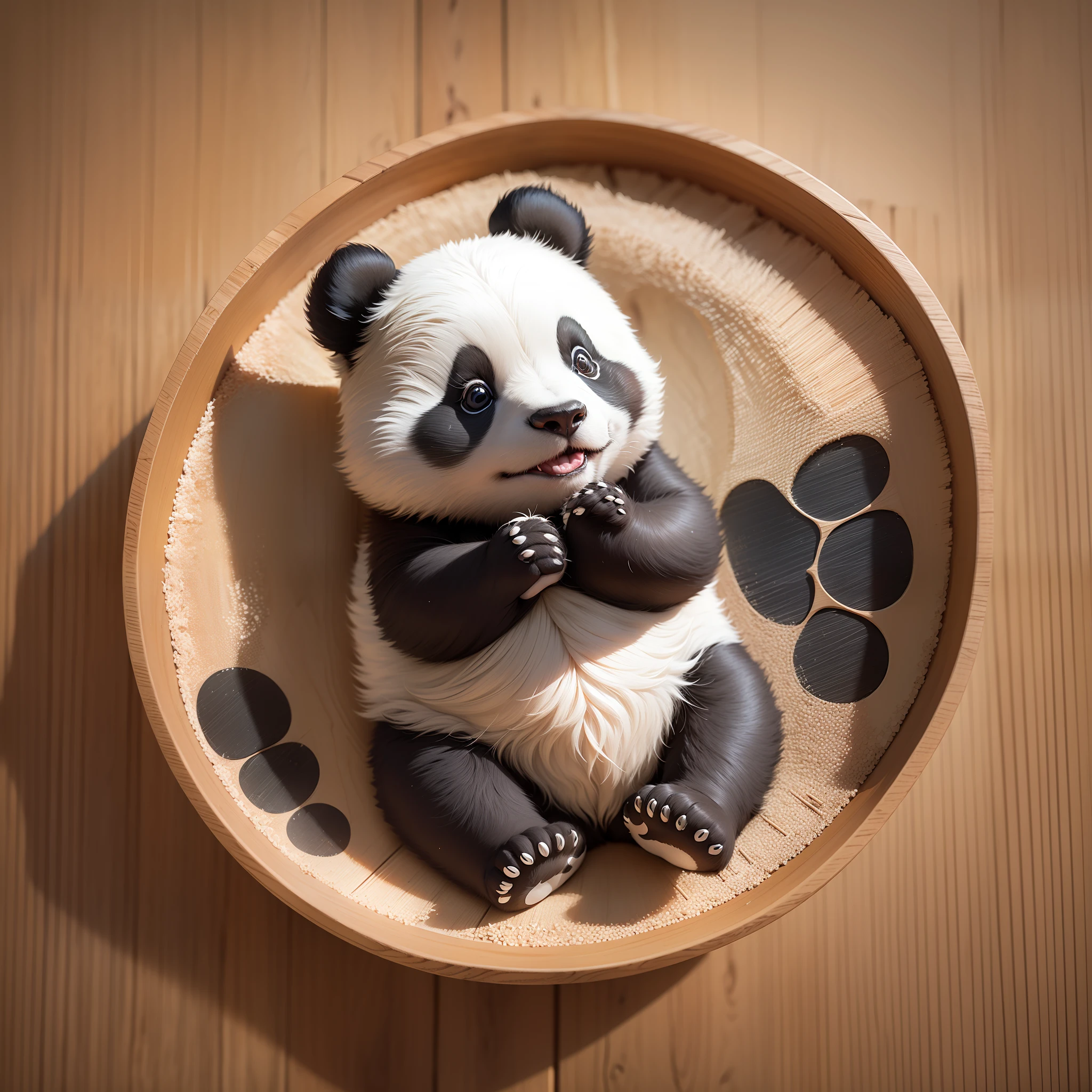 Create an image of a playful and adorable panda made from intricately arranged wooden sticks, showcasing its characteristic black and white markings, rounded