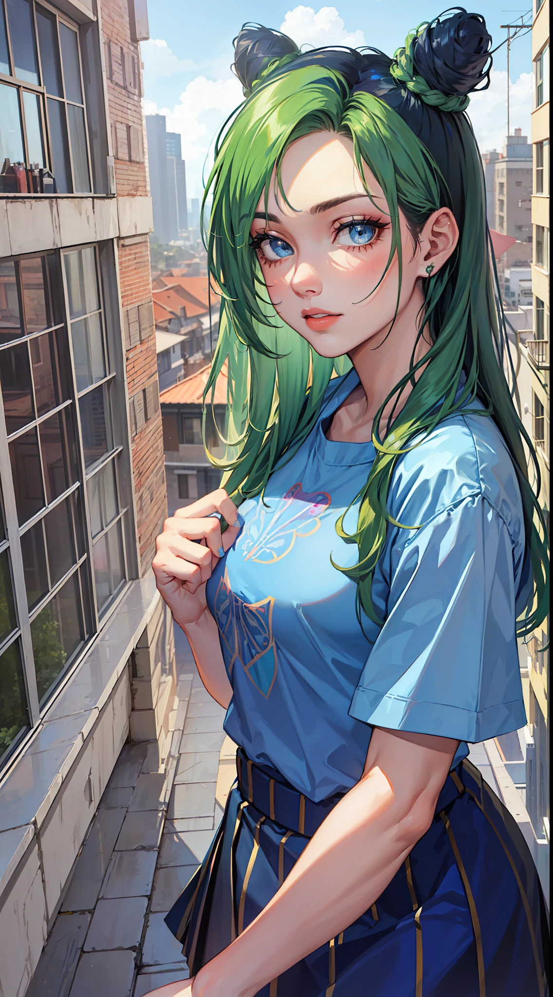 Qualidade perfeita 4K, altamente detalhado realista ((corpo inteiro, incluindo pernas)) beautiful photo of 18 year old Anglo-Saxon sweaty girl, (((brilhando com os olhos divinos)) ((perfect and delicate facial features)) e animado, cabelo verde e preto, peitos grande, (in blue shirt blue skirt standing in a tall building by the bedroom window, parede branca