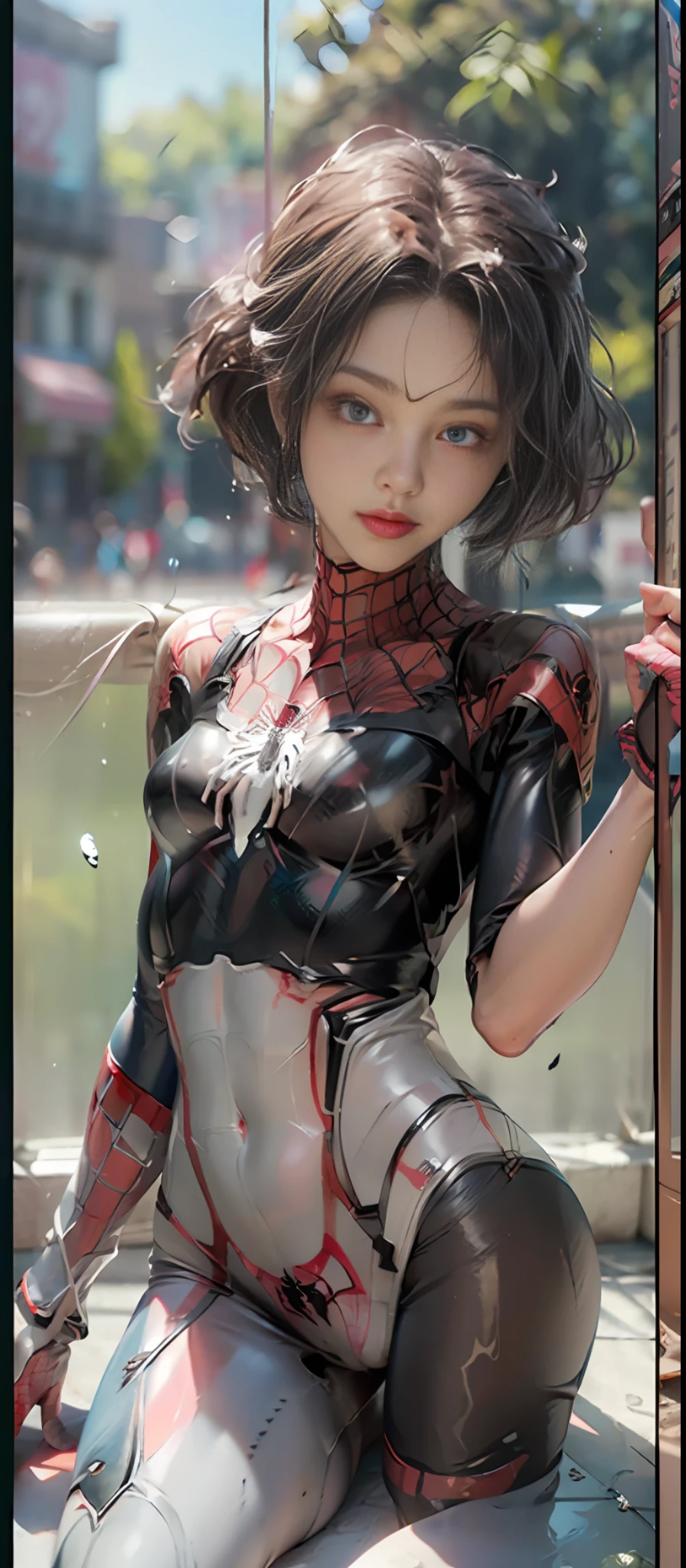 (Best Quality), ((Masterpiece), (Details: 1.4), 3D, HDR (High Dynamic Range), Ray Tracing, NVIDIA RTX, Super Resolution, Unreal 5, Subsurface Scattering, PBR Textures, Post Processing, Anisotropic Filtering, Depth of Field, Maximum Acutance and Acutance, Multilayer Textures, Albedo and Highlight Maps, Surface Shading, Accurate Simulation of Light-Material Interactions, Perfect Proportions, Octane Rendering, Bicolor Light, Large Aperture, Low ISO, White Balance, Rule of Thirds, 8K RAW, Pink puffiness, NSFW, ((2 girls love each other)), (crowd watching), exposed, seductive, sexy, ((Spider-Man uniform)), ((Spider-Man pose)) movies, tears, teardrops, (torn clothes: 1.2), (transparent wet clothes: 1.8), (perspective part: 1.8), charming leg seduction