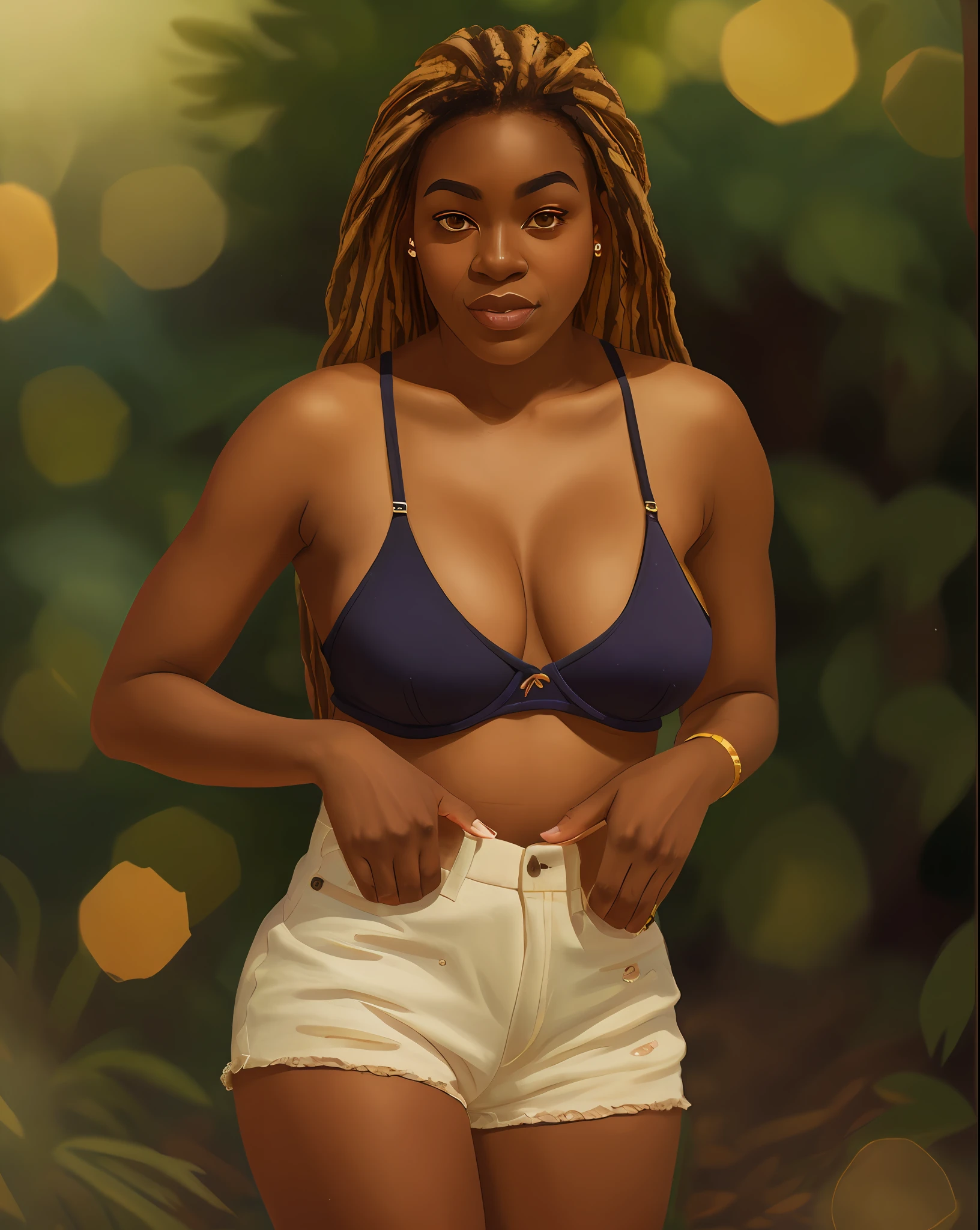 portrait of a African american woman in shorts and a bra top, ((best quality)), ((masterpiece)), (ultra-detailed), high quality, intricate detail, natural lighting, outdoor, warm colors, (bokeh), (sharp focus on eyes), (highly detailed face, skin texture),