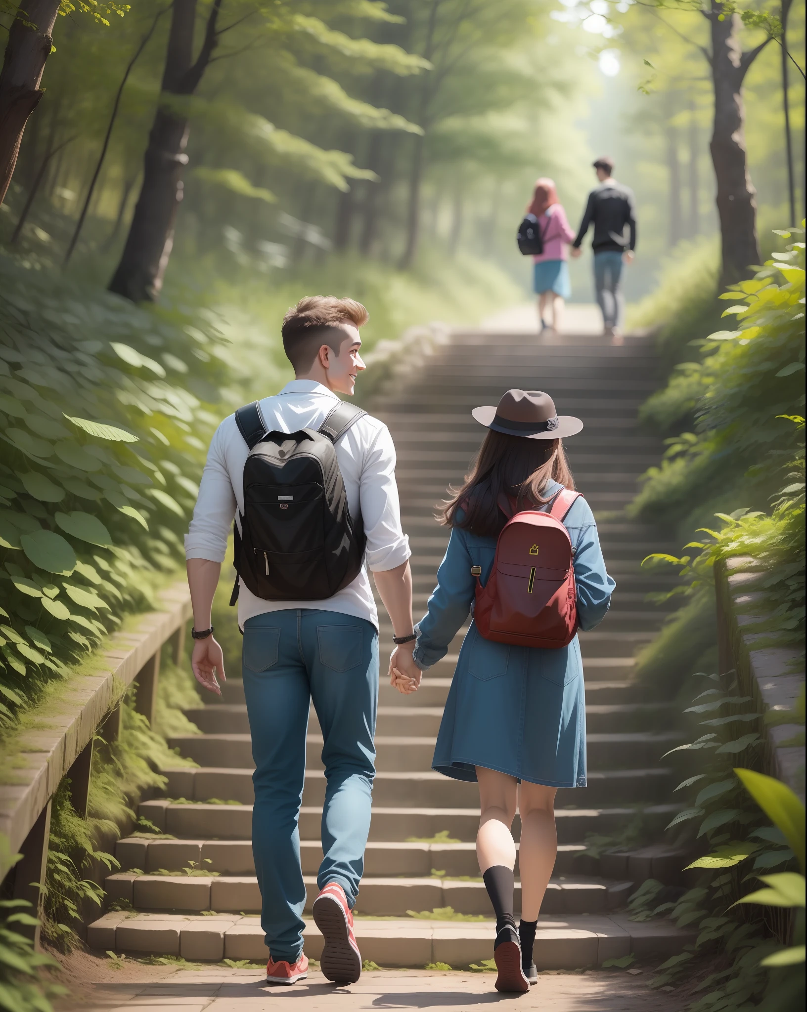 Cute couple step down to the long stairs, forest, mountains, clear hd face, 8k image, perfect face, happy couple, love, weather.