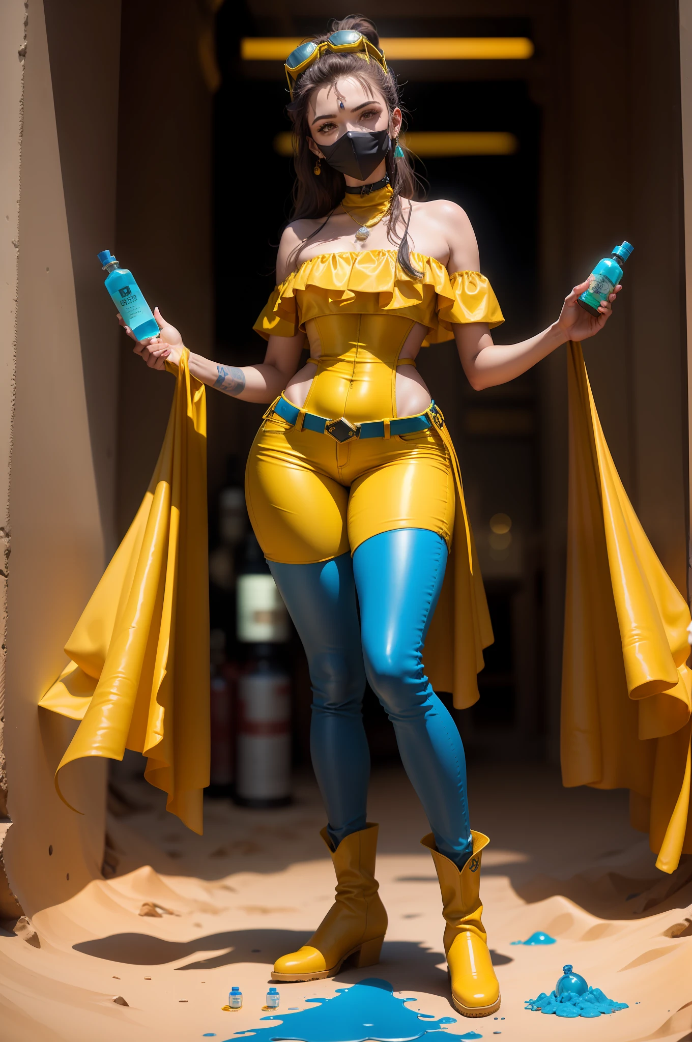Obra prima, melhor qualidade, Fundos, brincos, luvas de borracha amarela, yellow jumpsuit, goggles, seios grandes, yellow pants, botas de borracha pretas, in standing, ((holding a vial with a blue substance)), areia, deserto, heaven, floor, lateralmente