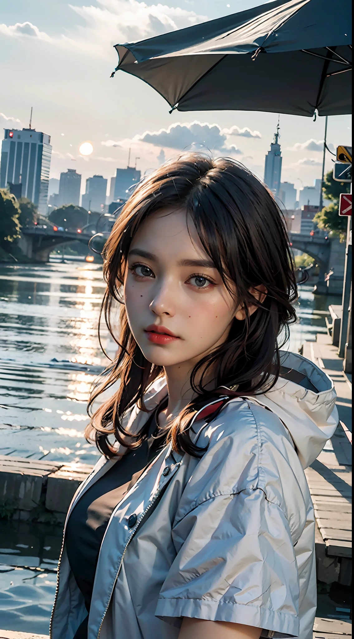 best quality, masterpiece, photo realistic, intricate details, raw photo, photon rendering, octane render, absurdres, ultra detailed, detailed face, detailed skin, trending on artstation,8k masterpiece,cinematic lighting, scenery, scenery, no humans, cityscape, sky, city, cloud, outdoors, building, sunset, city lights, bridge, river, tree, roadn, artist name,
