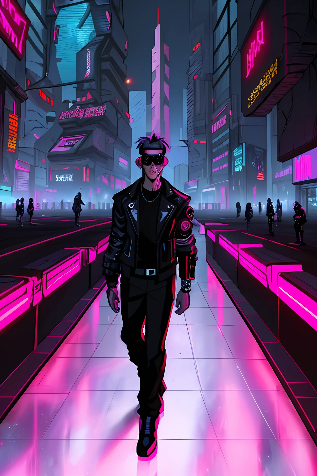 a man in a black jacket and glasses stands in front of a futuristic city, vr game, cyberpunk vibe, cyberpunk vibes, deeper into the metaverse we go, has cyberpunk style, cyberpunk theme, in cyber punk 2077, cyberpunk futuristic, cyberpunk future, synthwave, wearing cyberpunk streetwear, futuristic cyberpunk, cyberpunk tech, retro cyberpunk, synthwave style