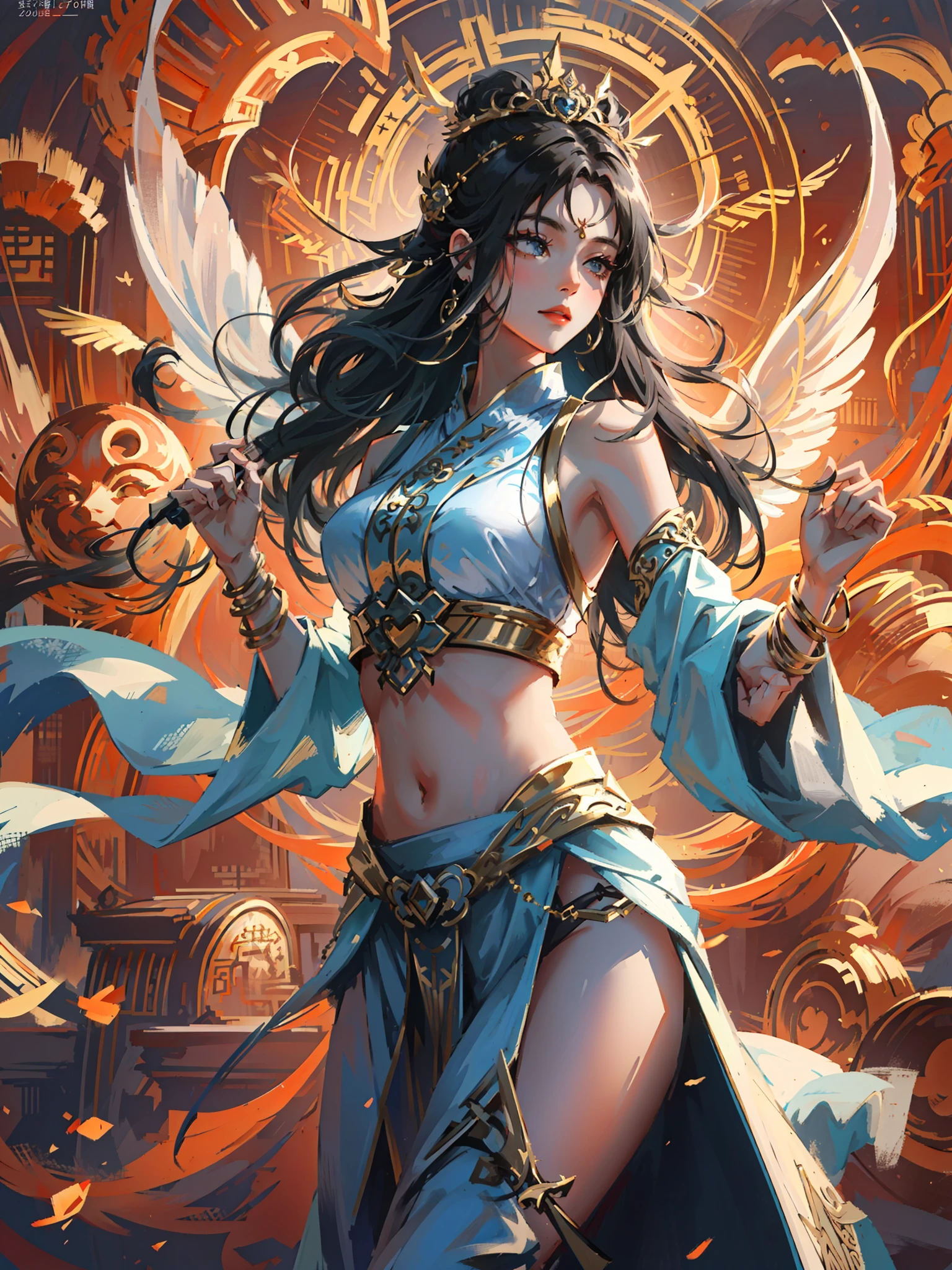 A masterpiece of a Buddhist Guanyin Bodhisattva, white super long hair, flowing long hair, exquisite jewelry, delicate bracelets, exquisite hair accessories, high on the feeling, aperture on the back, bodhisattva, fairy qi fluttering, holding various magic weapons in his hands, golden bracelets on ankles, ancient Chinese costumes, robes, gorgeous silk, flowing tulle, dazzling background, golden aperture on the back, gold Falun on the back, best light, backlit shooting, movie filter, (hands together), (thousand hands Guanyin statue), ultra HD, 8k, fair skin, Wolp_style, duhuang_style, close-up of upper body, detailed face, professional classical dance moves, person floating in the air, (sideways: 1.4), 28 years old, 1girl, fitness marks, slim body, a little muscle, vest line, lean back curved body, digital illustration art, superlative art painting