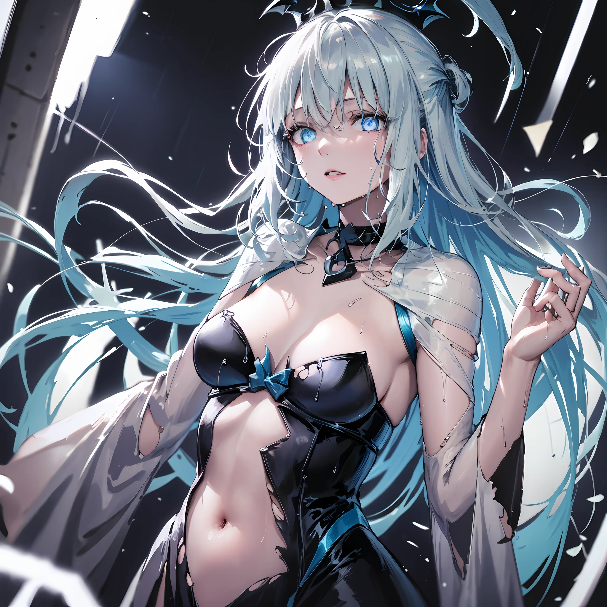 illustration, cinematic light, highres, highest quallity, ultra detailed, detailed face, (detailed eyes), best quality, hyper detailed, masterpiece, (detailed face), clean face, sexy mature woman wears transparent (torn) cloths, floating cloth, see through, choker, open cloths, nsfw, high heels, blue eyes, neon tiny glowing hair ends, dark fantasy forest, glowing plants with neon details, dark magic, (portal:1.15) to the underworld in the background, light reflection, heart shaped iris, playful eyes, open shoulder, rain, (wet body), tiny glowing butterfly, hair jewery