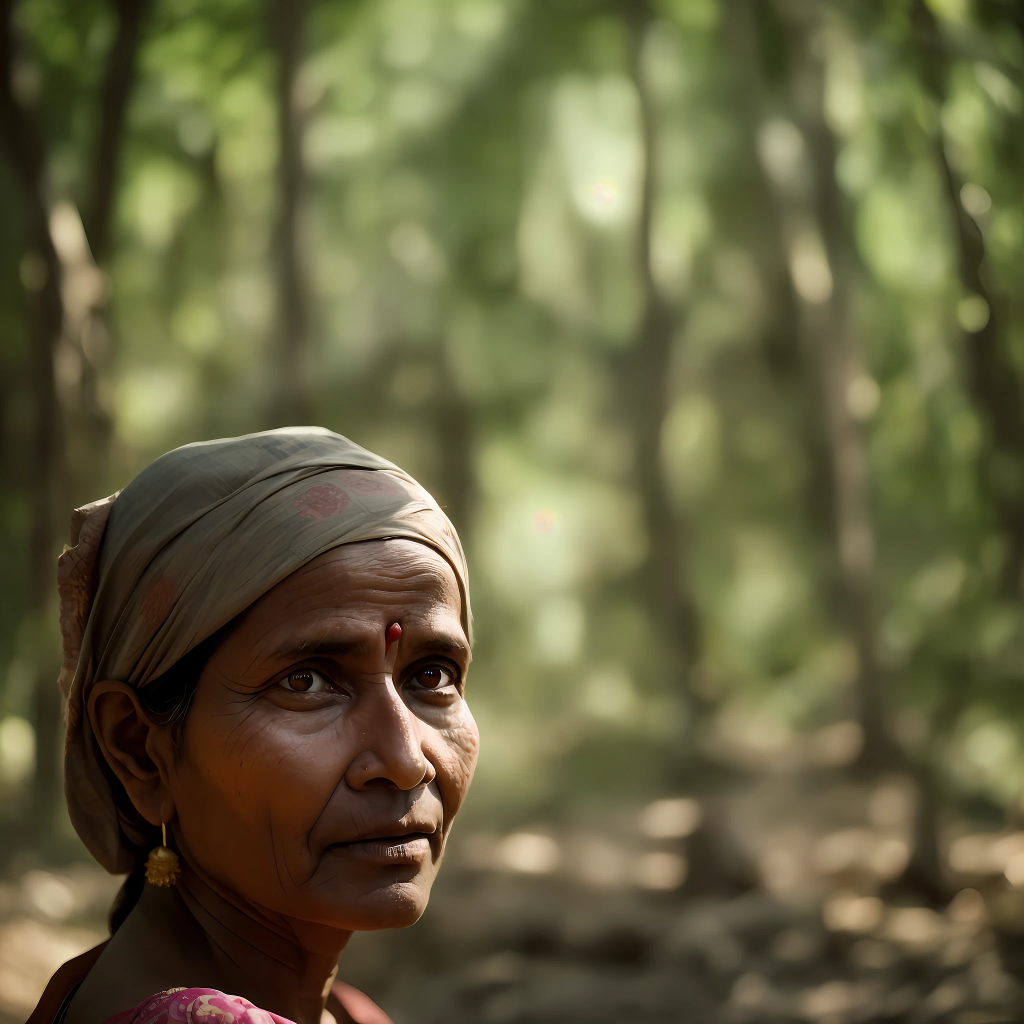 portrait of an indian village woman in forest in Himachal pradesh, clear facial features, Cinematic, 35mm lens, f/1.8, accent lighting, global illumination --uplight --v 4