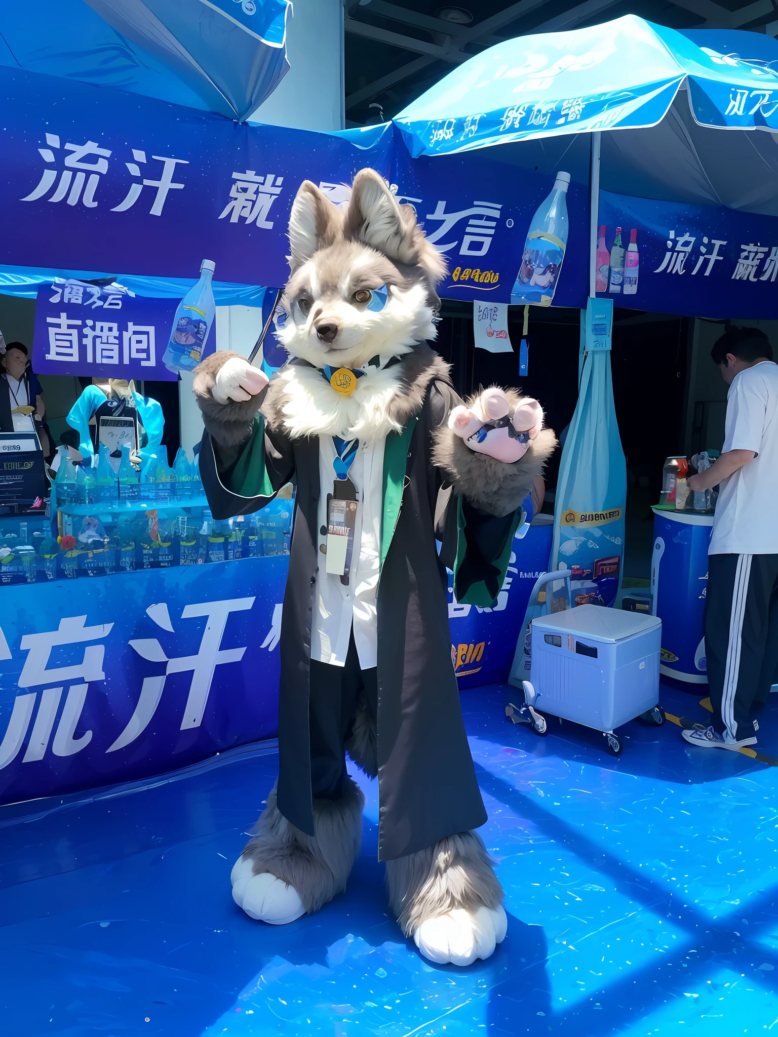 araffe dressed in a costume standing in front of a blue tent, full body mascot, character is covered in liquid, furry character, fursuit, legoshi from beastars, furry convention, anthropomorphic wolf, anthropomorphic lynx, a handsome, shaxi, the furry fursuit is running, anthropomorphic rabbit