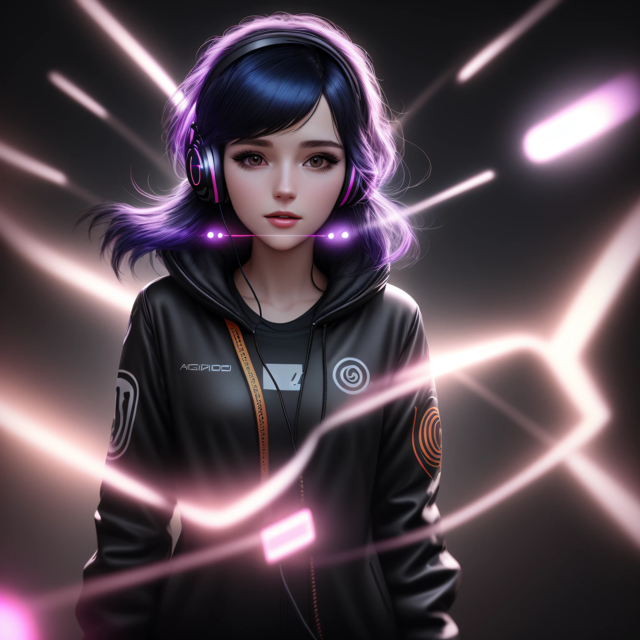 Ninja woman with peace sense headset, closed eyes, beautiful face, RGB colors, bright purple hair, anime, bright background, banner for youtube video, happy girl, clouds with RGB colors, bright RGB colors, full. --auto