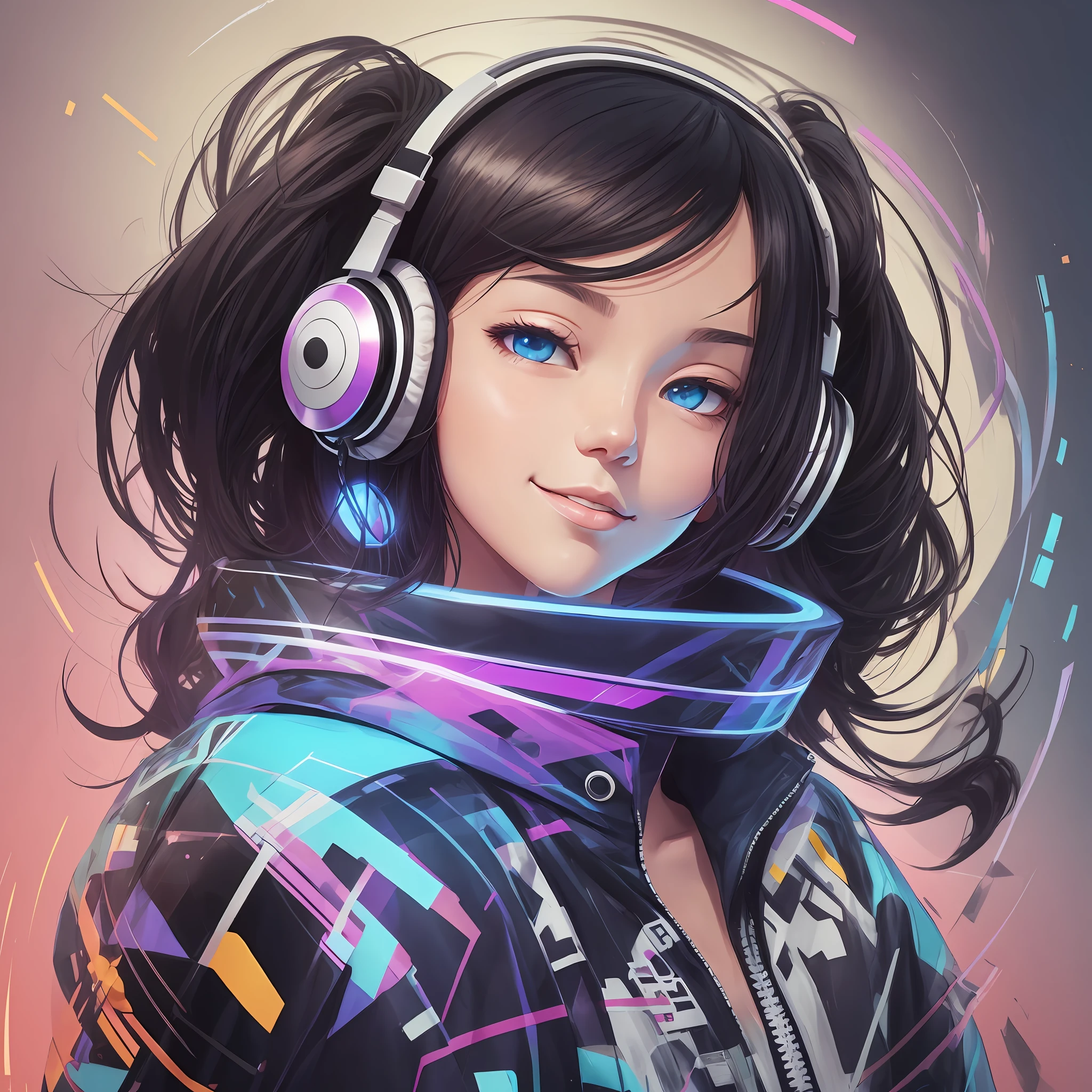 Ninja woman with peace sense headset, closed eyes, beautiful face, RGB colors, bright purple hair, anime, bright background, banner for youtube video, happy girl, clouds with RGB colors, bright RGB colors, full. --auto