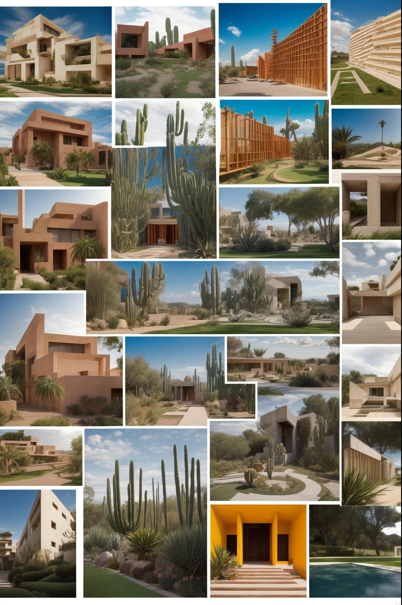 An illustration, ((Estilo collage)), (((multiple Luis Barragan's style buildings))), (((Mike Mignola's artistic style))), (Secciones), ((Colores desaturados)), Rocas Cbig), ((lago)), cacti, (nubes lisas), un puente, escalera, La Luna, Grandes edificios, abundant vegetation, Arbustos, (((big geometric sculptures))), Sombras duras