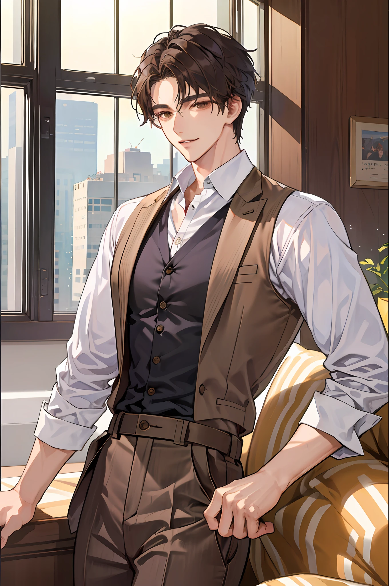 official art, masterpiece, (handsome korean man:1.3), (korean man:1.3), youthful face, clean-shaven face, Delicate and beautiful hair and eyes and face, handsome man, large office, large window office, lean, muscular, tanned complexion, broad shoulders, smirking, scenery, slicked back tousled hair, ceo office, dynamic hair, tousled slicked back hair, detailed jet black hair, glow brown eyes, (white shirt+brown vest+brown suit+brown trousers), tan skin, 1man