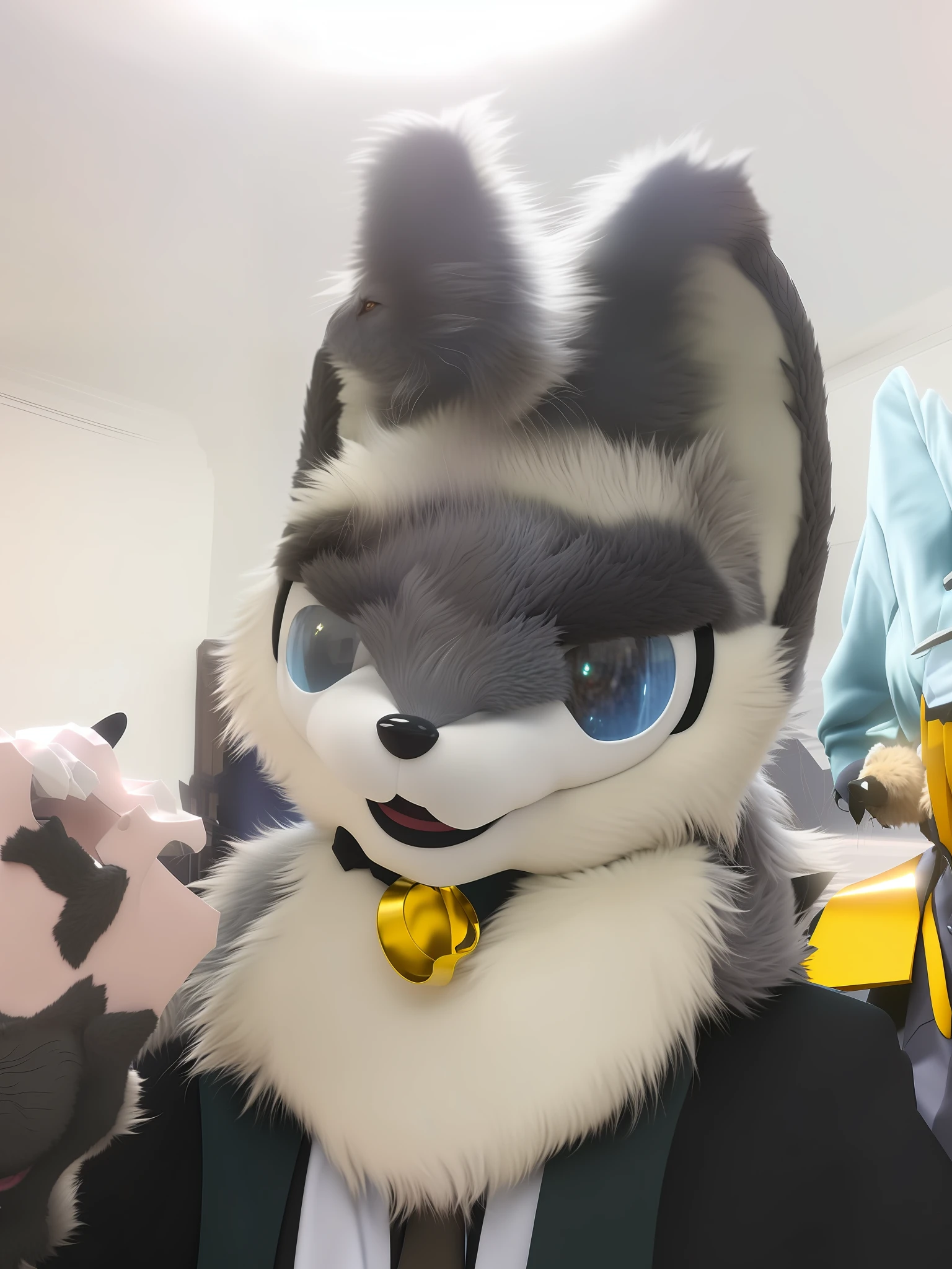 Alafi was wearing a suit，A tie with yellow bells, fursuit, headshot of young female furry, furry character, fursuit!!!!, the furry fursuit is running, 4 k hd fur face!!!, furry fursona, furry wolf, anthro wolf face, holo is a wolf girl, anthropomorphic wolf, silver eyes full body, macro furry