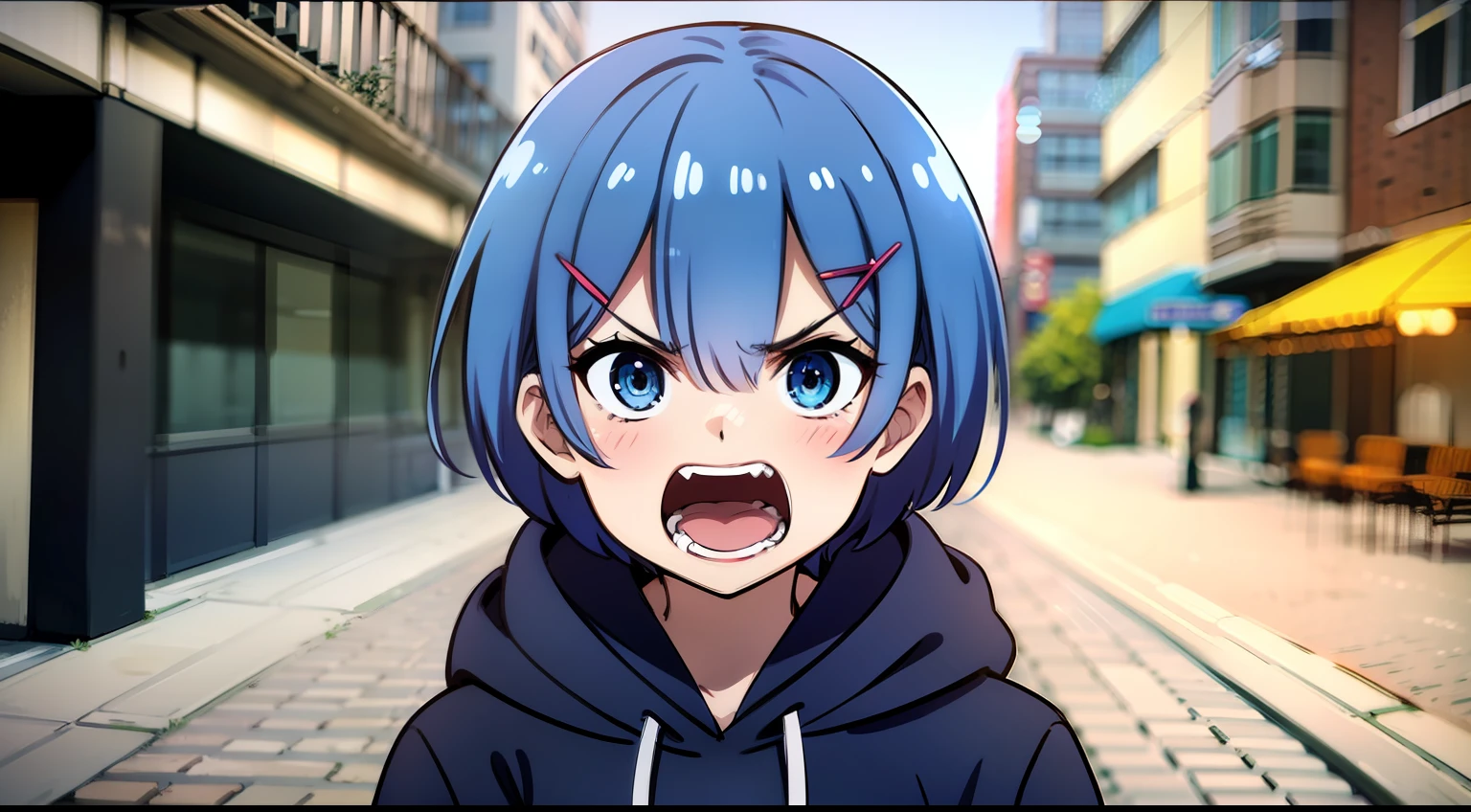 Masterpiece, rem rezero, short hair, blue eyes, angry face, screaming, blue hoodie, middle of the street, close up, portrait,