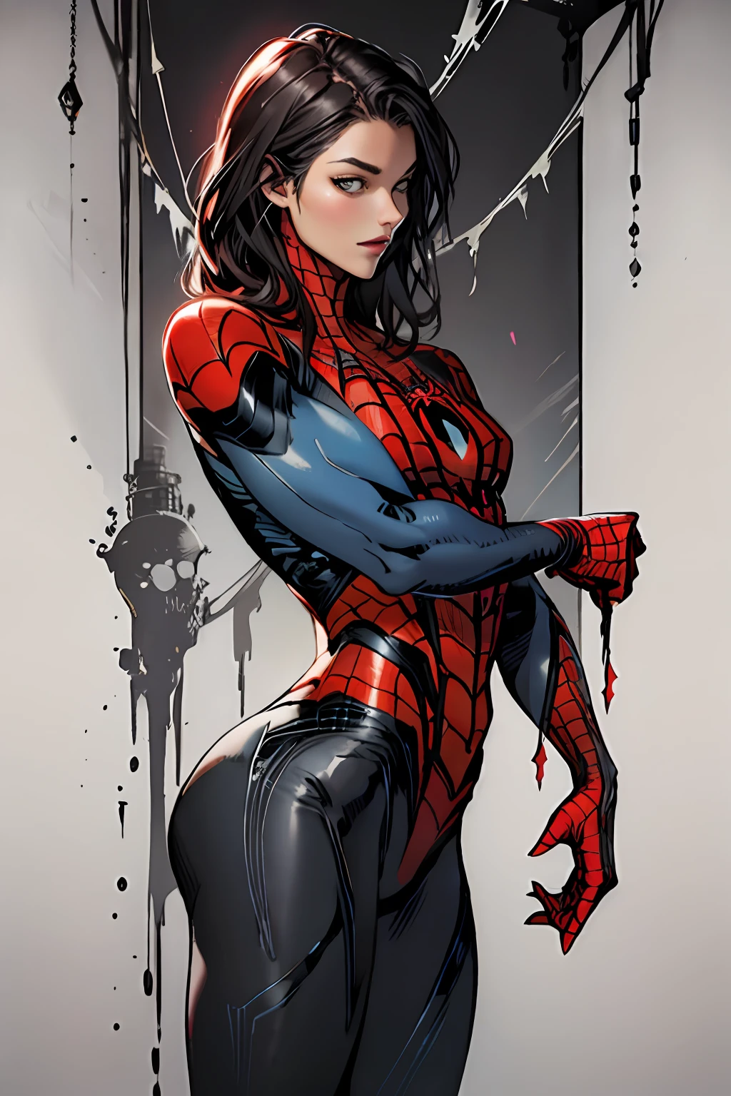 Beautiful woman detailed defined body using spider man cosplay, small breasts