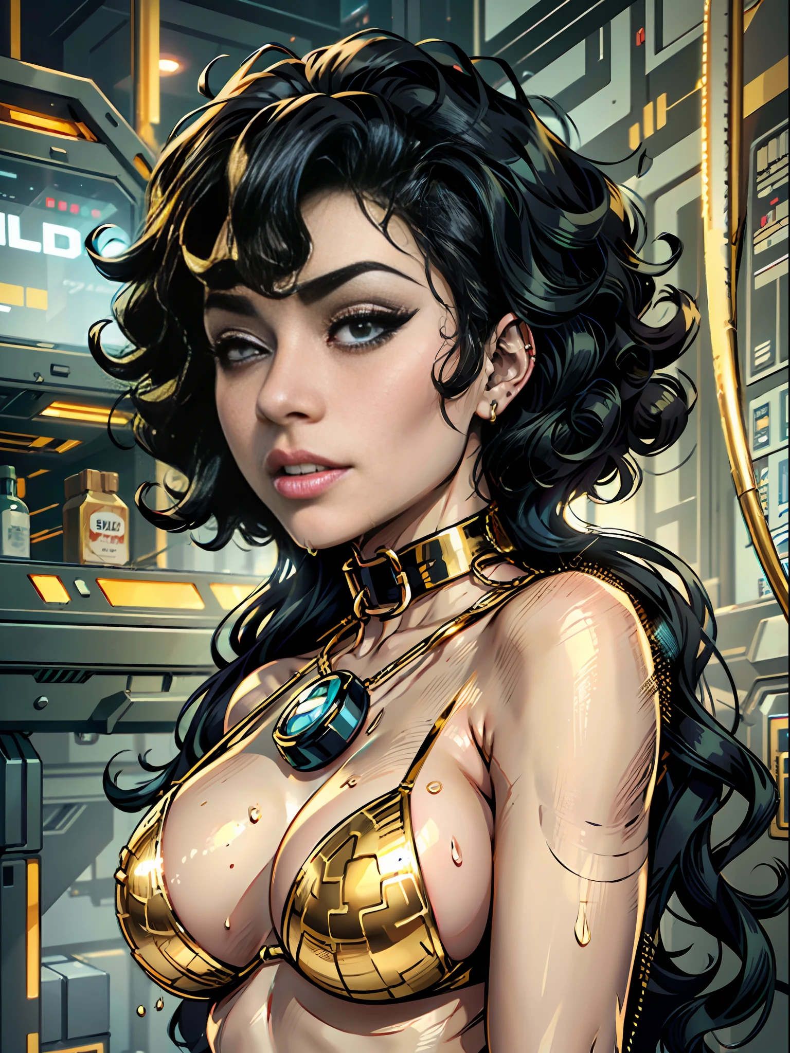 Girl naked in gold body jewelry, Highly Detailed Face and Skin Texture, ((white skin)) big green eyes, slim face, juicy lips, bimbo lips, big puffy breast, Tiny breastplates ((afro curly Black hair)), pale skin, Detailed Eyes, Double Eyelids, cyberpunk gold metal jewelry BDSM, gold metal cyberpunk tapes on body, metal Collar, metal gold futuristic tiny Panties t-strings, metal Tiny panties, metal stickini, metal cupless bra, metal clothes, gold body jewelry, wet skin, she is naked. White skin, she is on the futuristic cyberpunk white and Black room in the spacecraft. Ring in the nose.