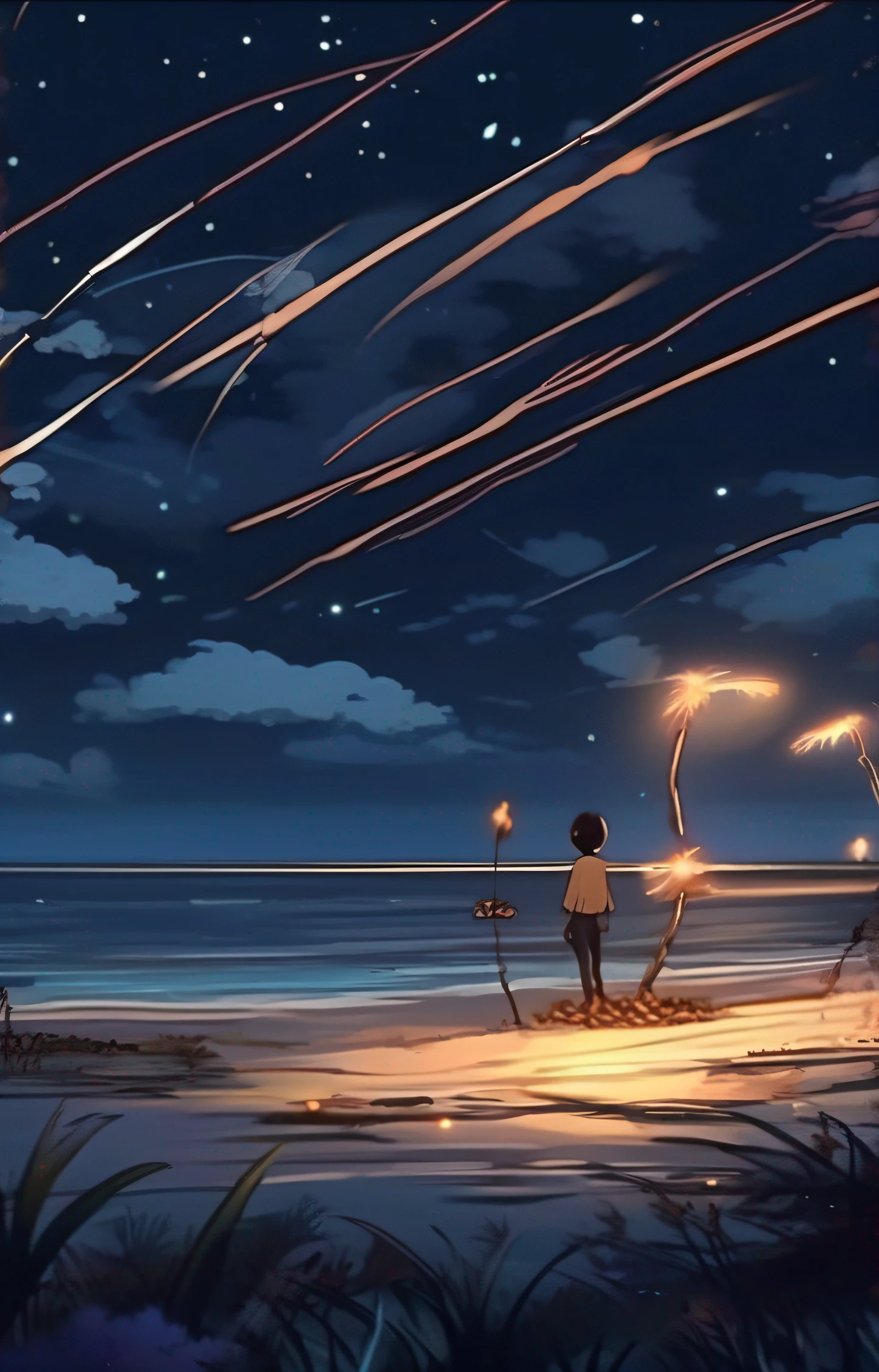 imagem cue noite com meteoro caindo brilhando muito,estilo anime meio realist,