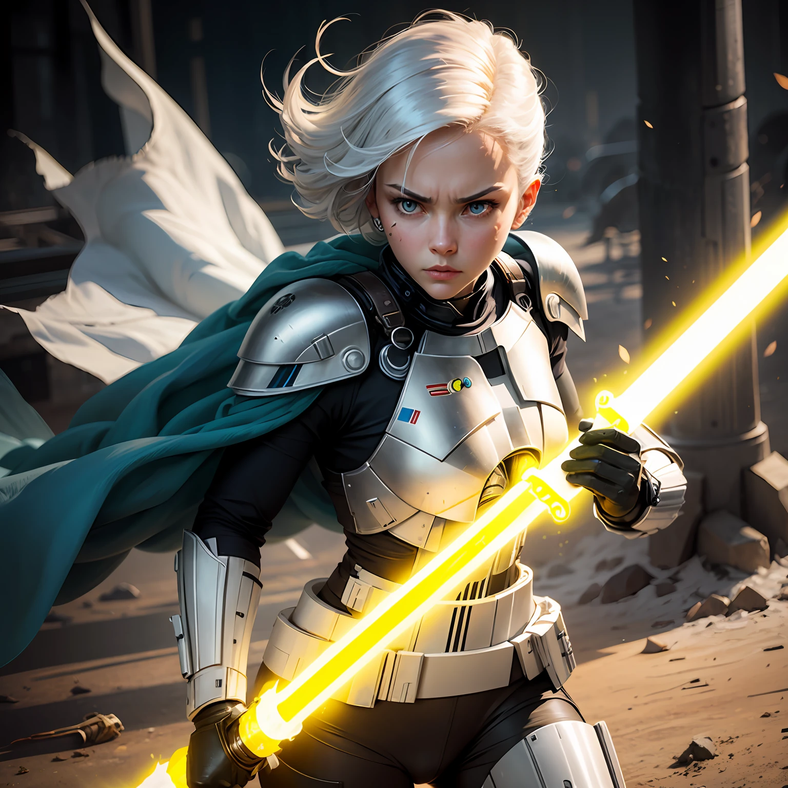 Blue lightsaber in hand, short hair, serious face, combat attire, white hair, yellow eyes, white armor, android, human appearance, adult woman --auto