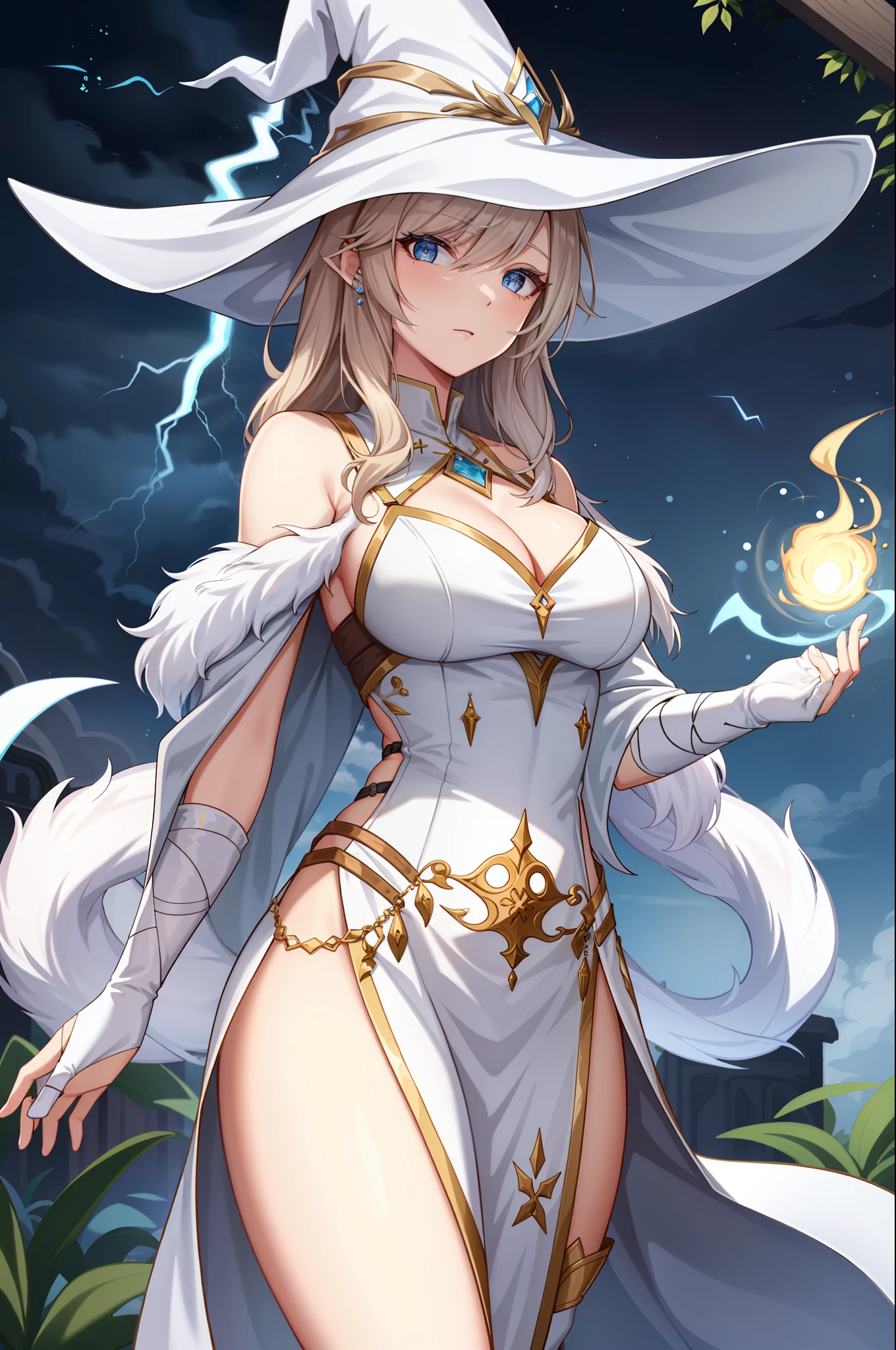 (obra-prima: 1.2), (melhor qualidade: 1.2), olhos perfeitos, rosto perfeito, perfect illumination, 1girl, Mature female white mage casting a lightning spell, cabelo branco longo, corte pompadour, whm_glam, dressing gown, cinto, shoulder straps, colar, brincos, tiara, wizard hat, fundo detalhado, concentration, maquiagem, sombra, thick eyelashes