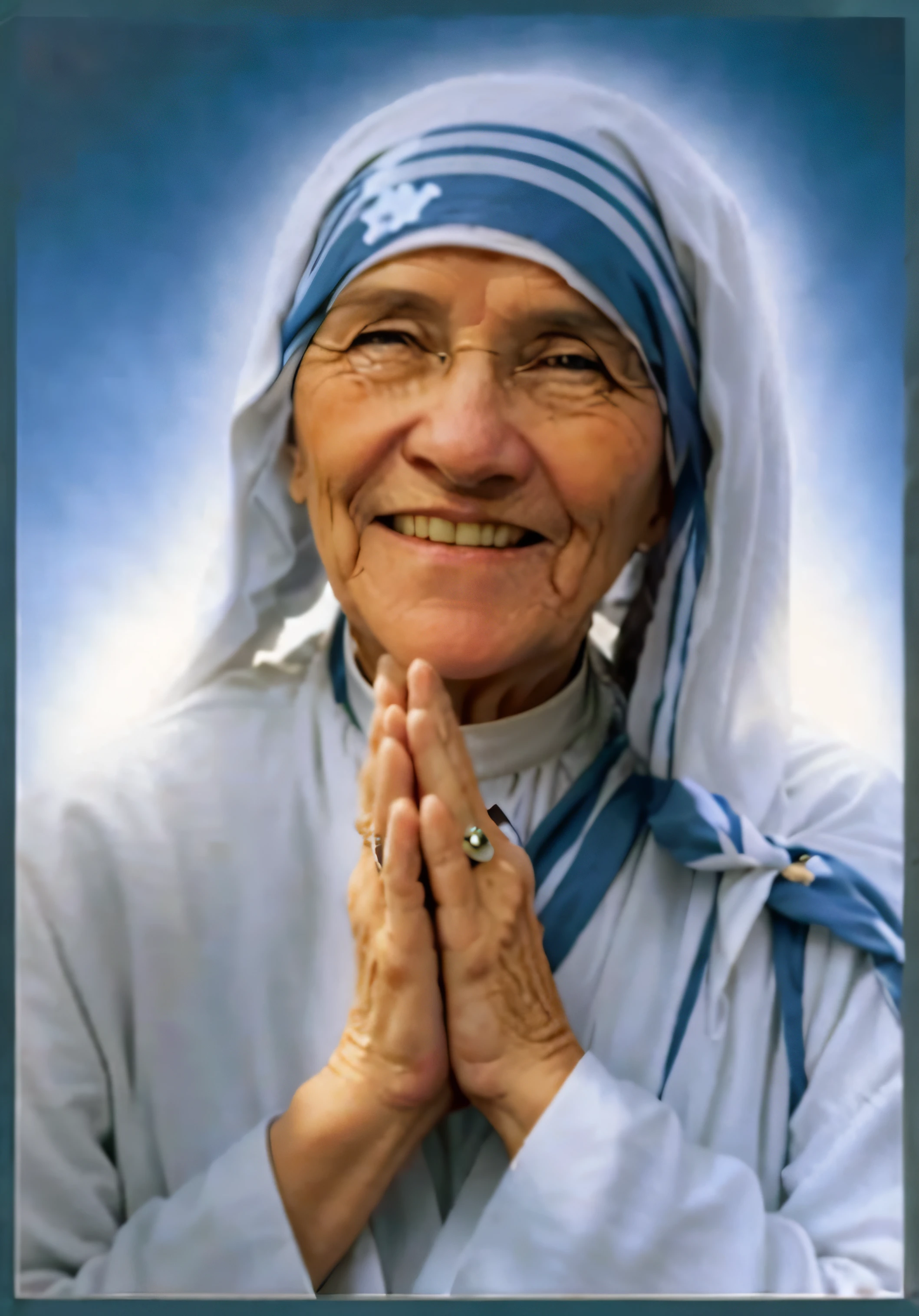 a woman with a white robe and a cross on her hands, Madre Teresa, majestosa mulher de santo, mother sarah artist, christian saint, santa mulher, Virgem Maria, agora, Retrato do Santo Padre, inspirado por Francis Helps, sorriso alegre, Santo ortodoxo, catholic, pontifex, santo, foto frontal, with a happy expression, centrado na imagem, santas mulheres