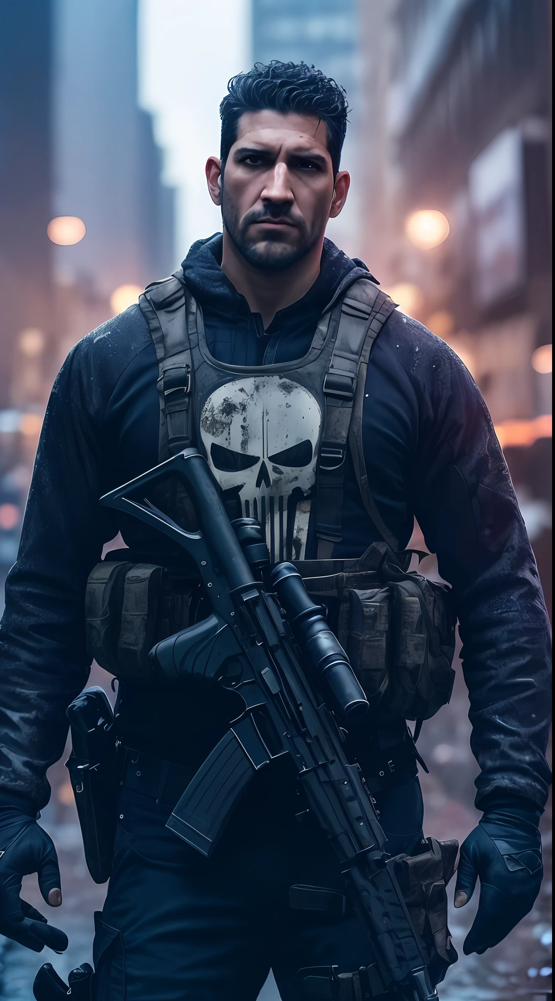 a man in a black shirt and a gun stands in the rain, Punisher, jon bernthal como Justiceiro, hq 4k papel de parede, foto de perfil, action thriller, action film, Foto de perfil, foto do perfil, Arte conceitual, olhar, foto de retrato, caveira no peito, badass composition, cinematic 4k wallpaper, cinematic 4 k wallpaper