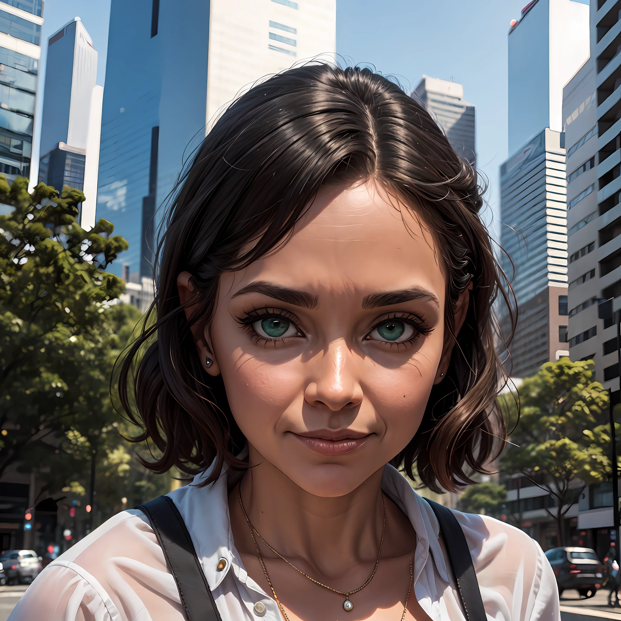Uma mulher empreendedora e realista de 45 anos, with caricature strokes, pele morena e olhos verdes, in front of tall buildings. --auto