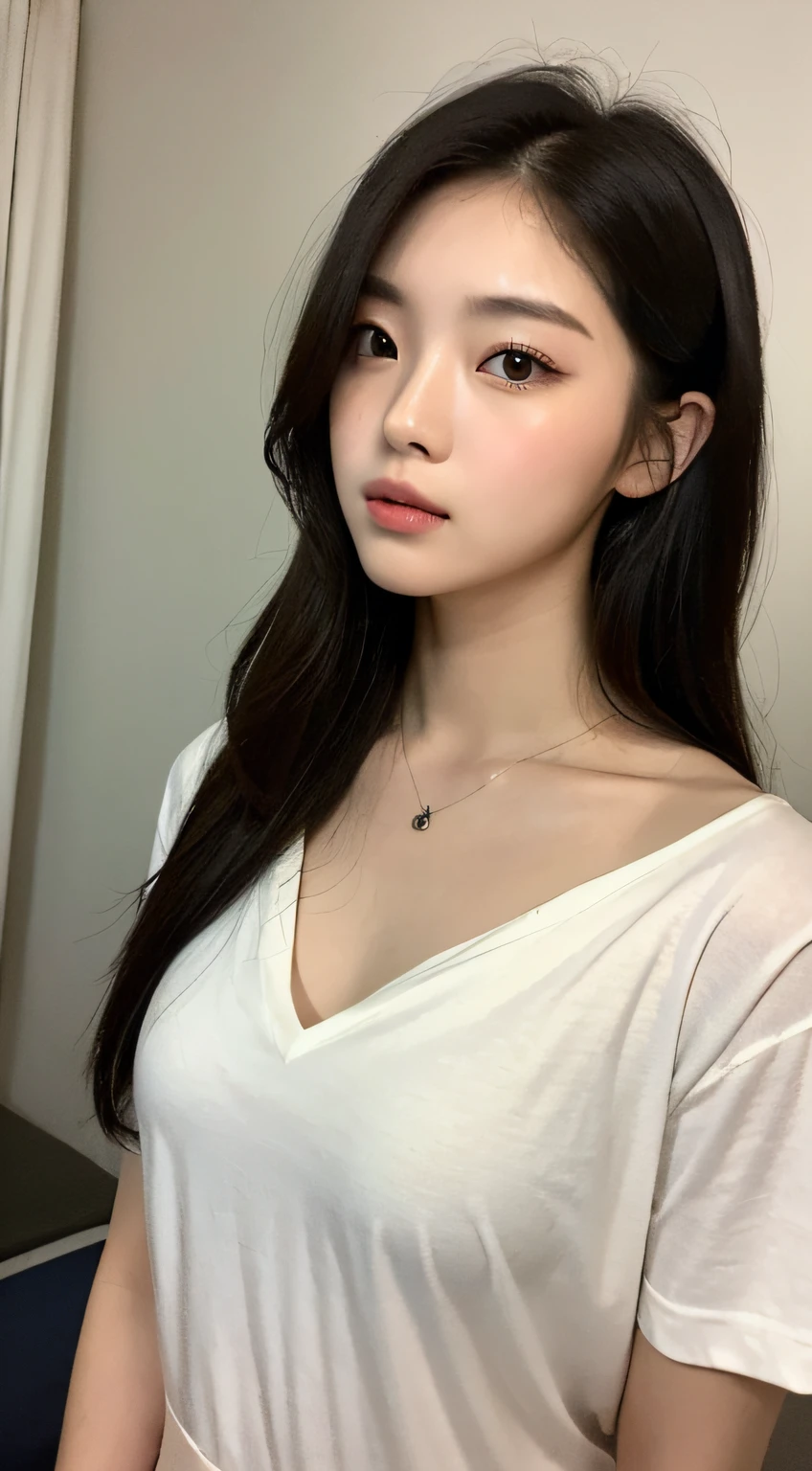 ((Top quality, 8k, Masterpiece: 1.3)), beauty, hidden face, 1 girl, beauty: 1.3, slender abs: 1.1, large men's shirt (loose: 1.4) exposed, full chest, long black hair, (kneeling on bed), ultra-detailed face, highly detailed lips, detailed eyes, double eyelids, strict head and body ratio: 1.5,