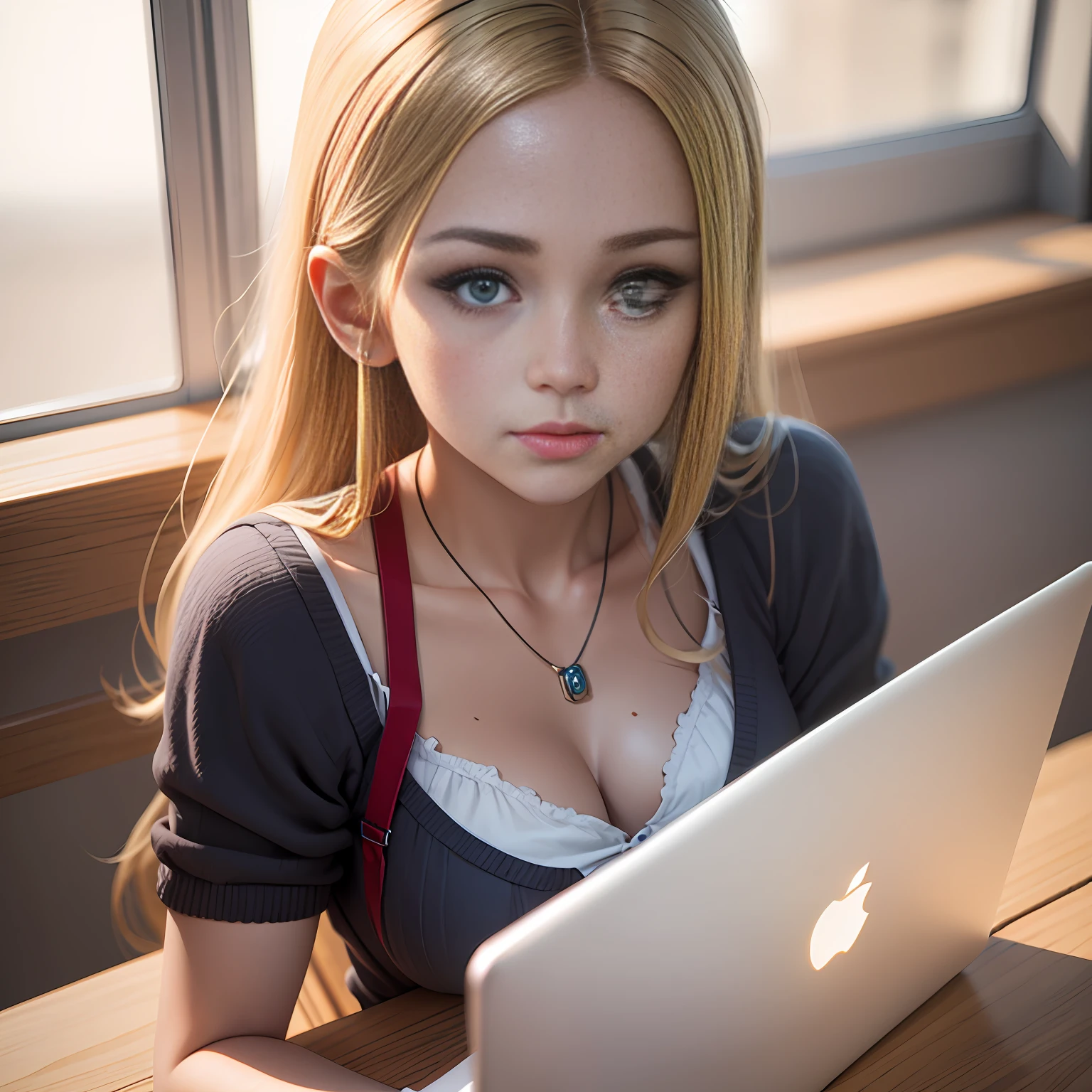 Face similar to Zoey Monroe with blonde hair and gray eyes, European German 25YO, sitting at a table with a laptop, photorealistic anime girl render, realistic anime 3 d style, cinematic bust shot, render of a cute 3d anime girl, render of April, anime CGI style, a hyperrealistic schoolgirl with Neckline, cinematic close-up bust shot, a hyperrealistic schoolgirl, semi-realistic render, realistic schoolgirl. --auto