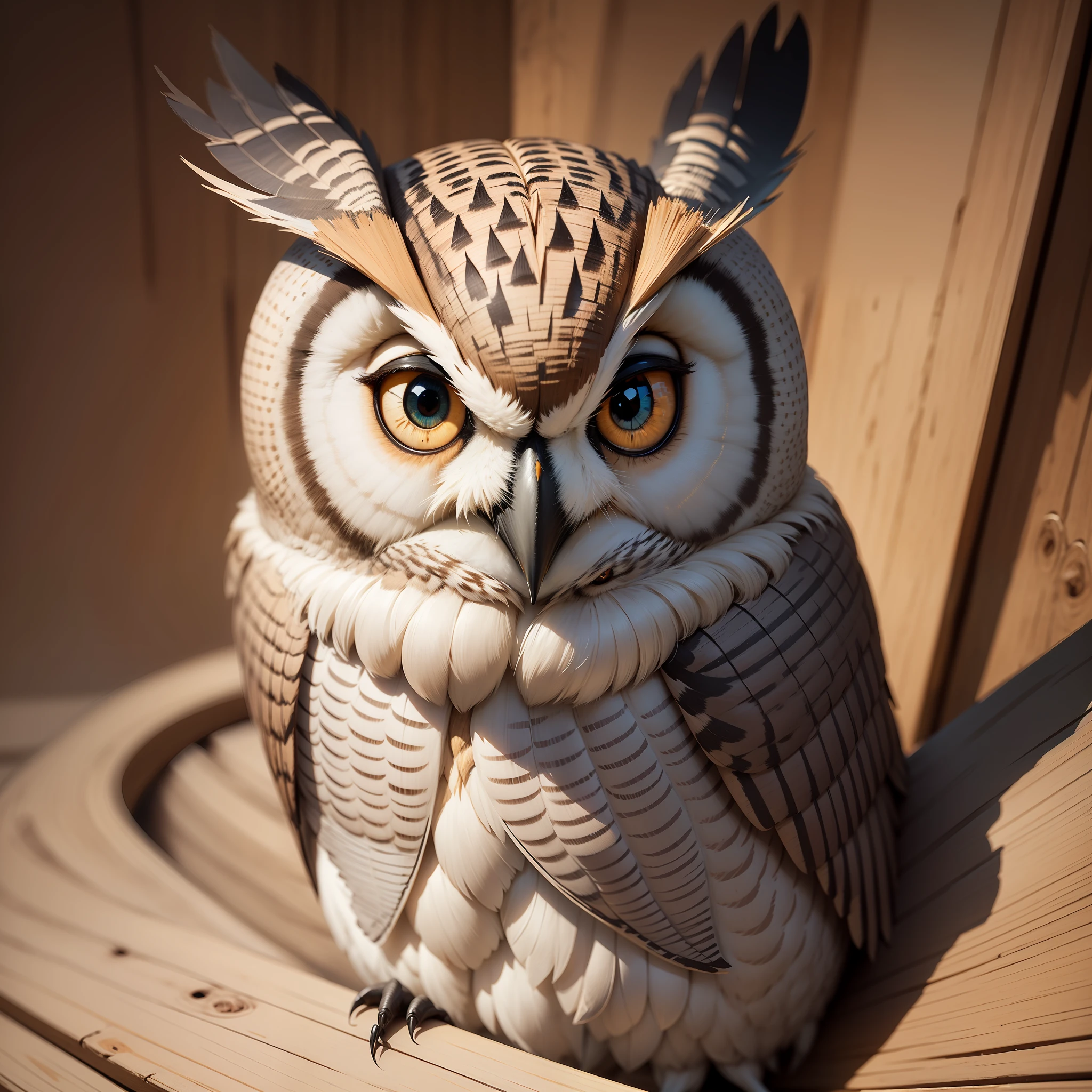 Generate an image of a wise and serene owl constructed entirely from thin wooden sticks, capturing its distinct facial features, intricate patterns, and the piercing gaze of its wooden stick eyes.