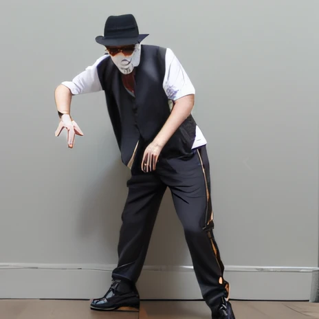 araffe dressed in a black hat and vest and black shoes, estilo hip hop, baggy clothing and hat, baggy pants, colete de terno e cartola e luvas, frouxo, grey pants and black dress shoes, he is dancing, olhando heckin legal e elegante, large pants, Traje de alta qualidade, look like someone is dancing --auto